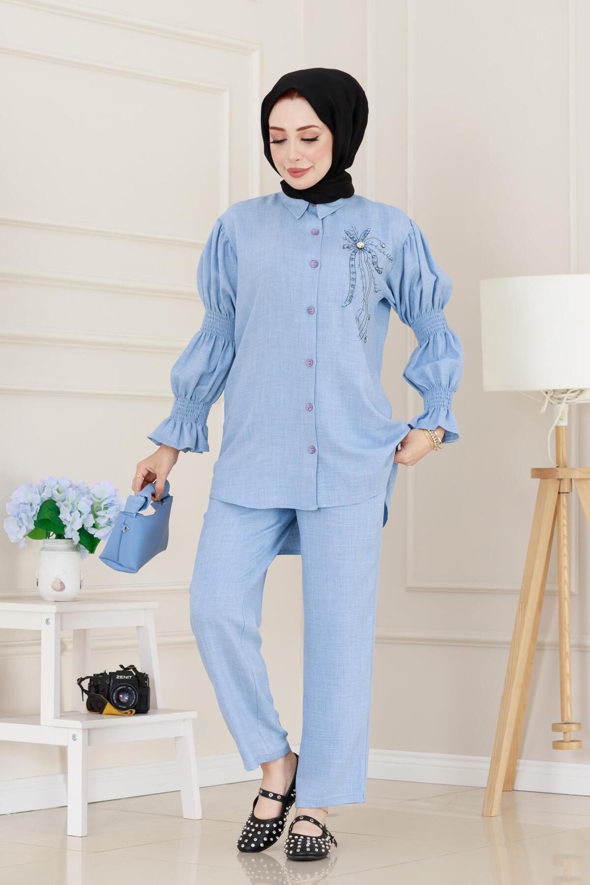 Sevitli-Double Suit with Stones on the Front and Elasticized Sleeves - Baby Blue 2