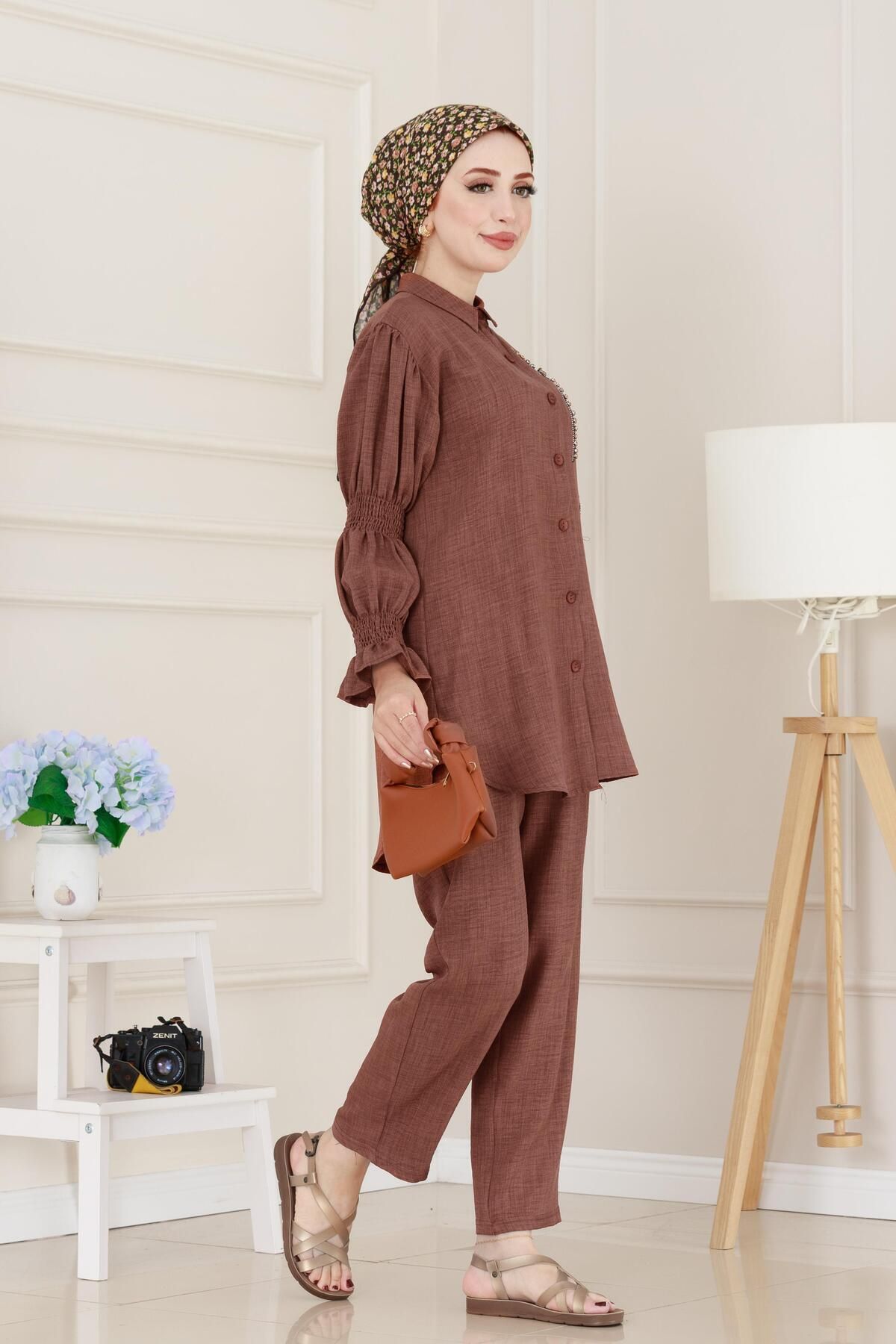 Sevitli-Double Suit with Stones on the Front and Elasticized Sleeves-Brown 3