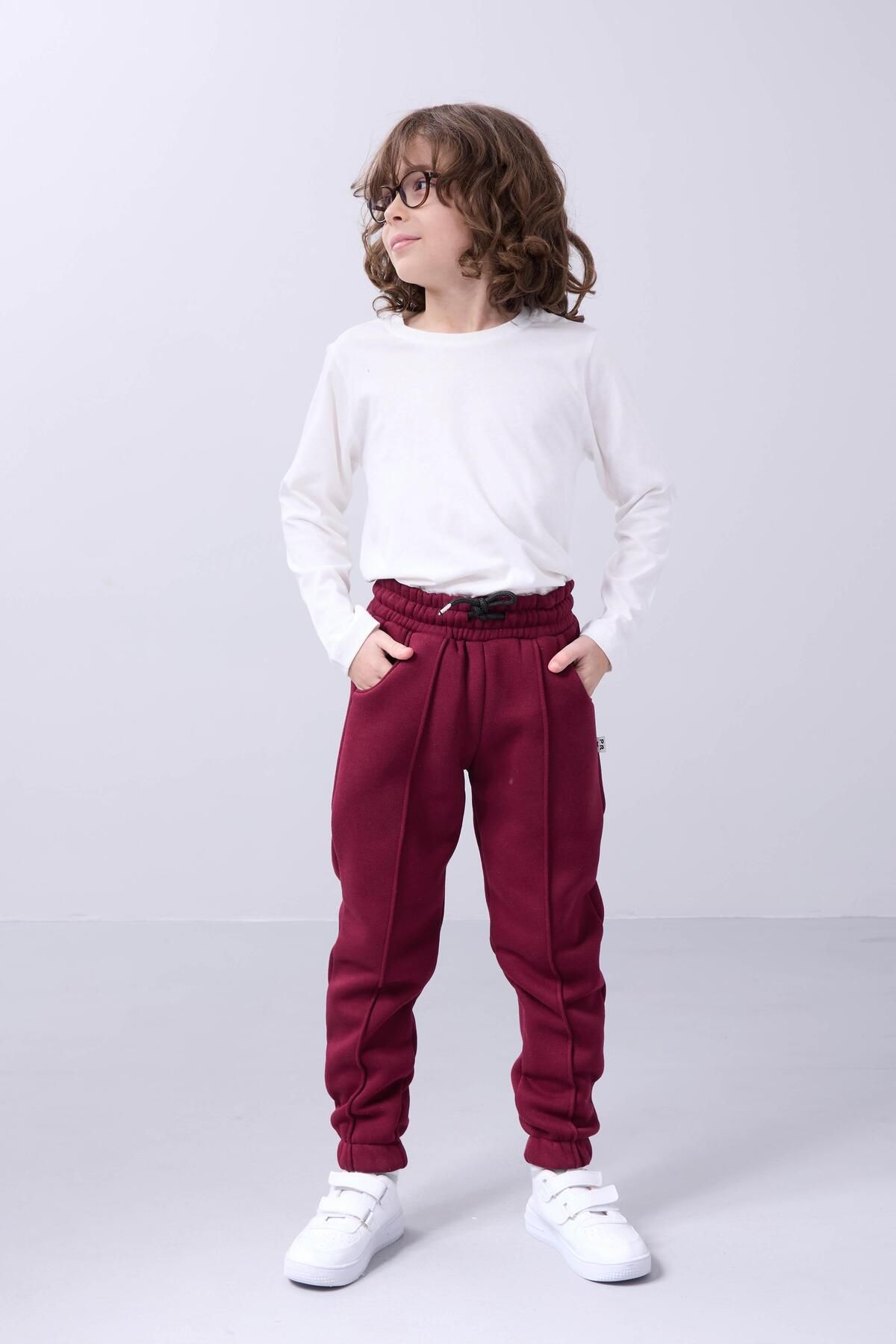 Perendi-Comfortable Unisex Children's Sweatpants with Elastic and Fleece Inside Pockets Claret Red 1