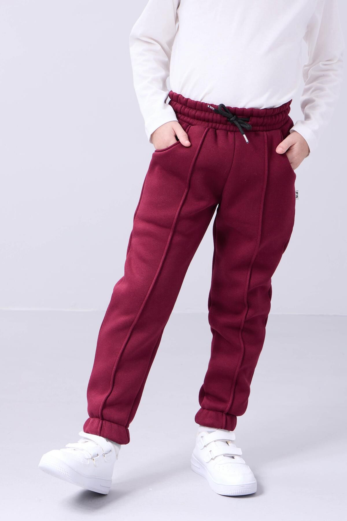 Perendi-Comfortable Unisex Children's Sweatpants with Elastic and Fleece Inside Pockets Claret Red 6