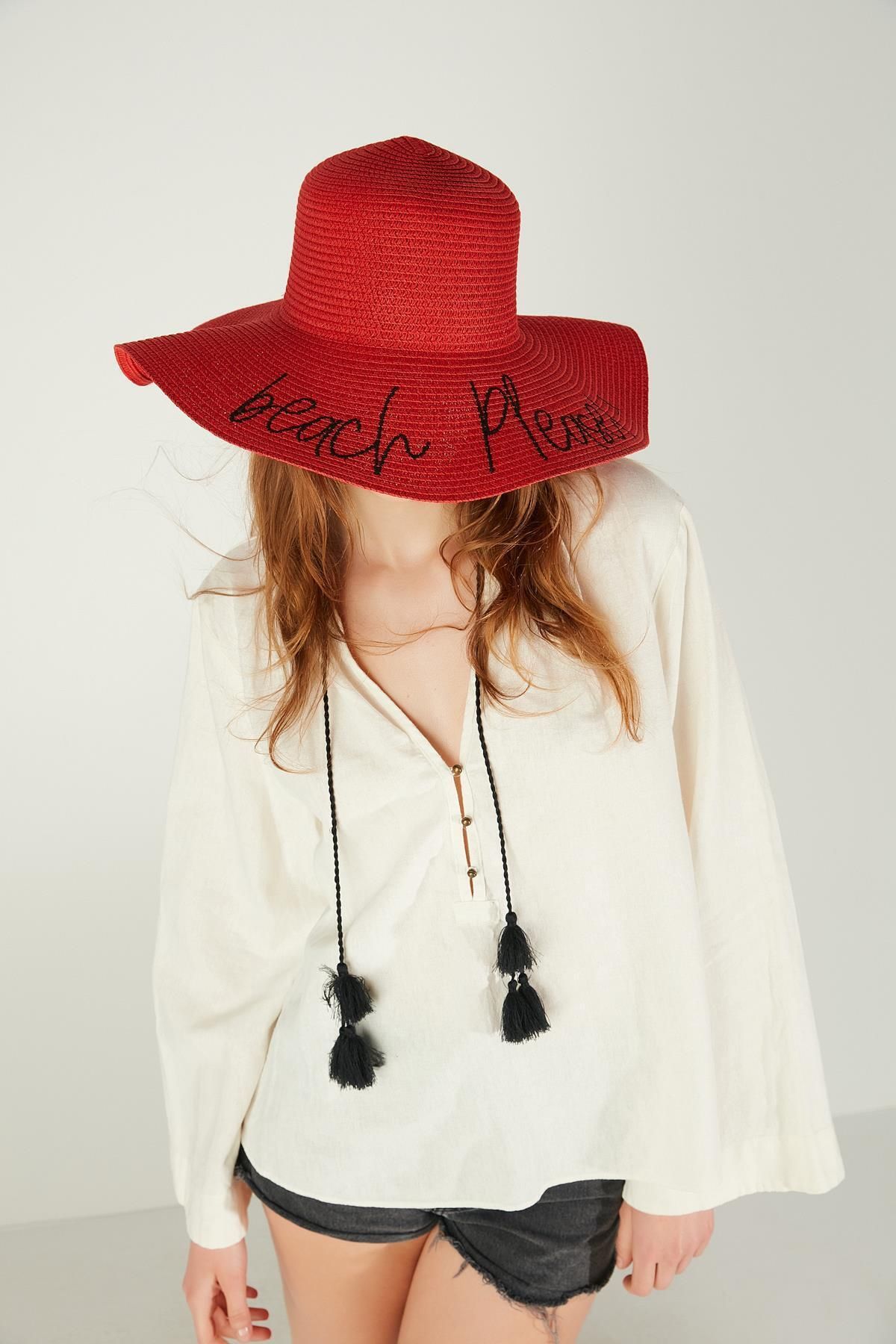 Axesoire-14232-9 Beach Please - Red Straw Flared Hat 3
