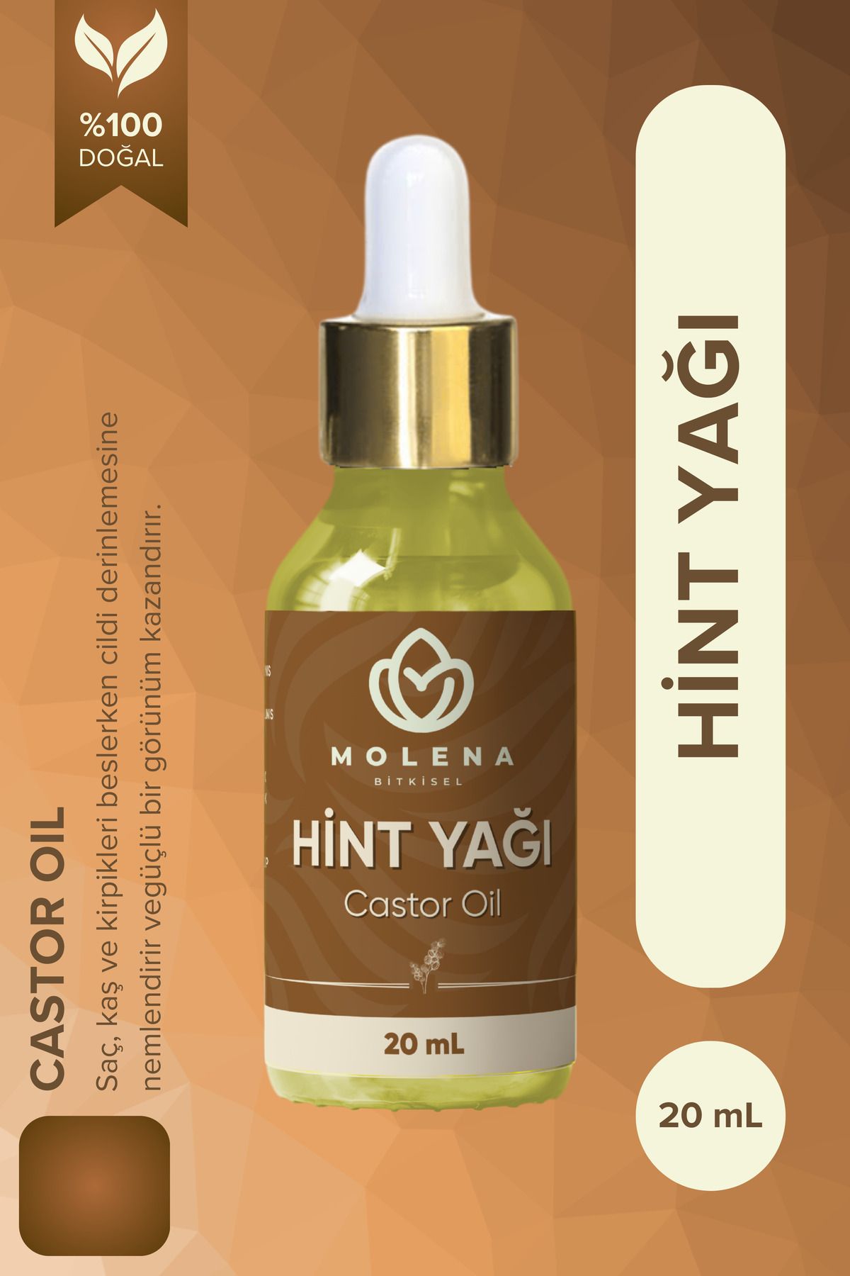 MOLENA BİTKİSEL Hint Yağı - Soğuk Sıkım 20 ml %100 Doğal Saf & Organik Saç ve Cilt Bakım Yağı - (Castor Oil)
