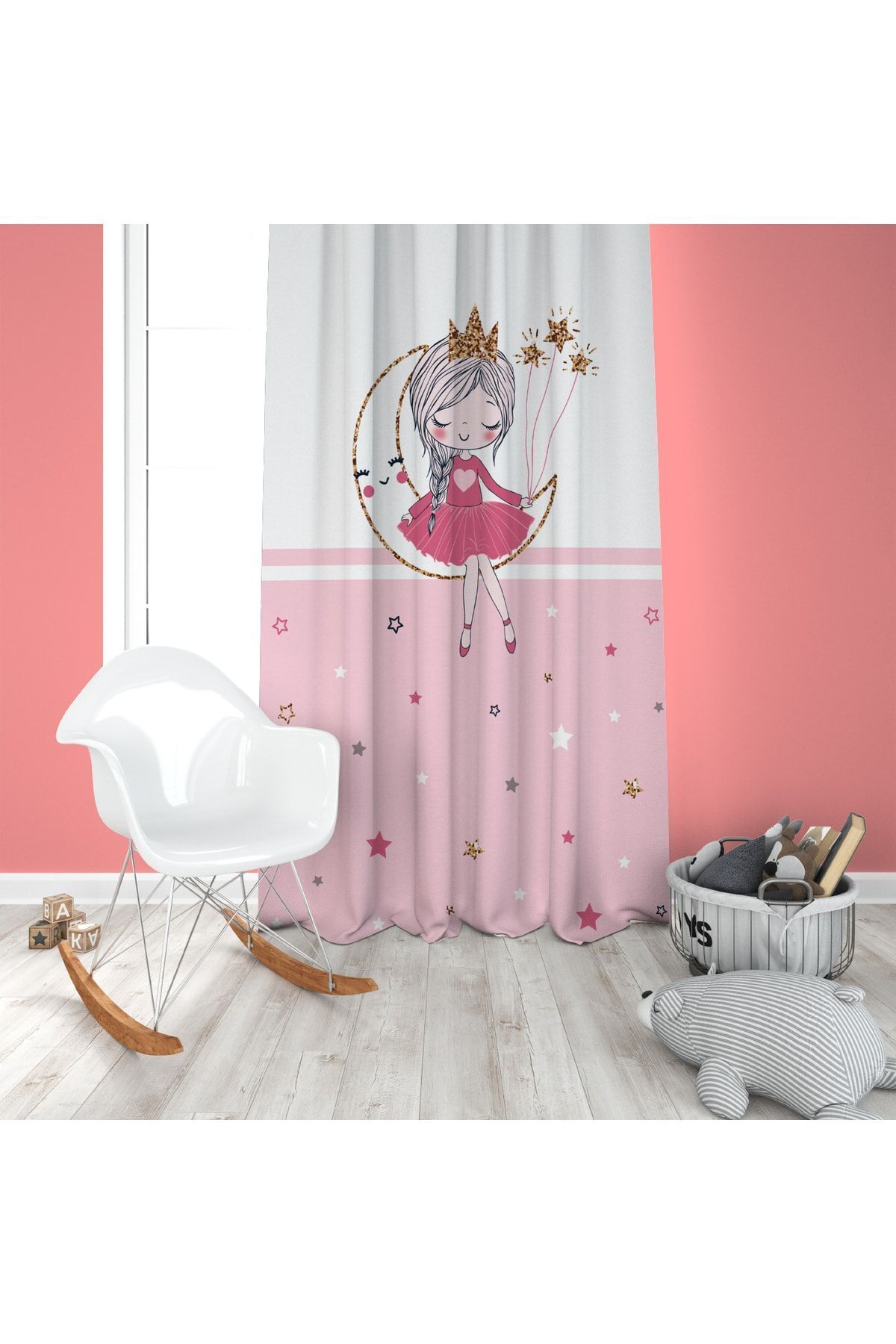 EVSEHOMES Pembe Şeritli Ayda Kız Çocuk Odası Tek Kanat Fon Perde Ef5019 fotoğrafı 2 (önizleme)