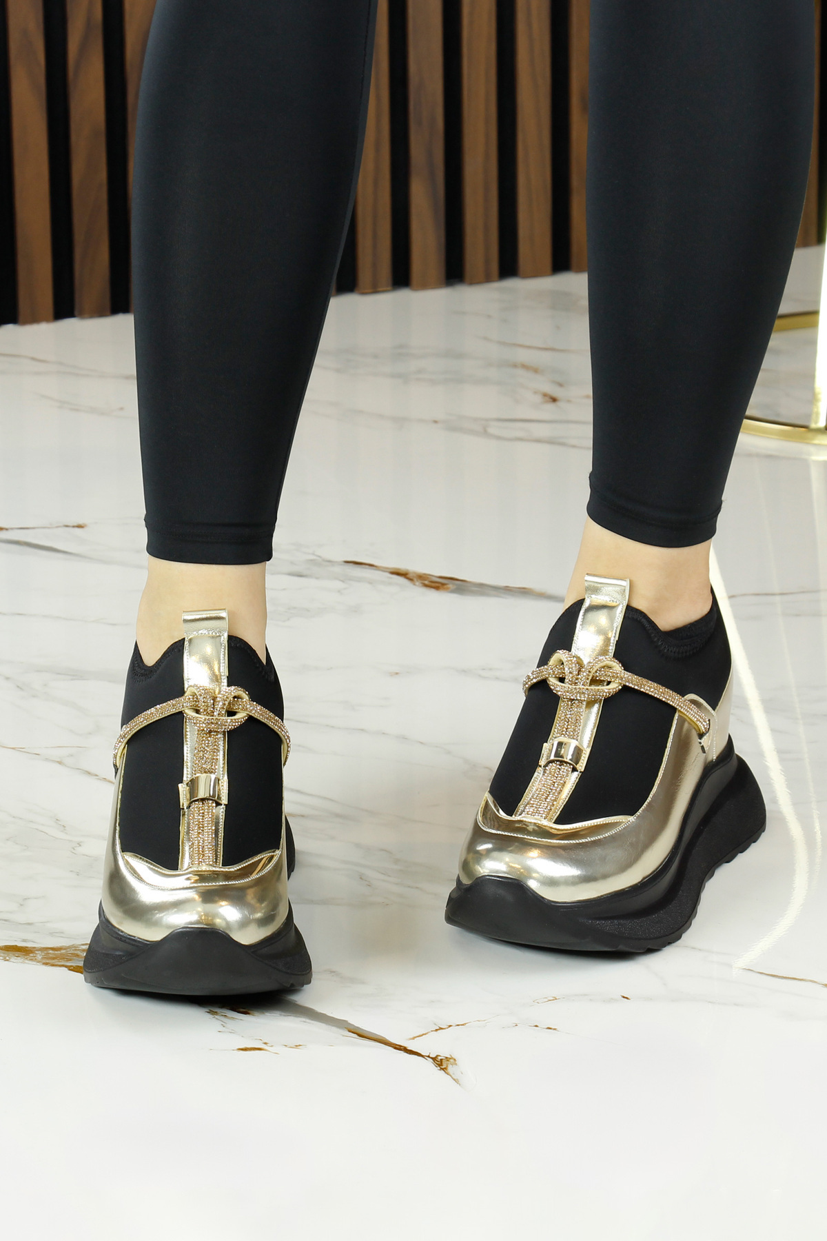 Erkan Saçmacı-Josefina Gold Stretch Stone Hidden Wedge Heeled Casual Shoes 3