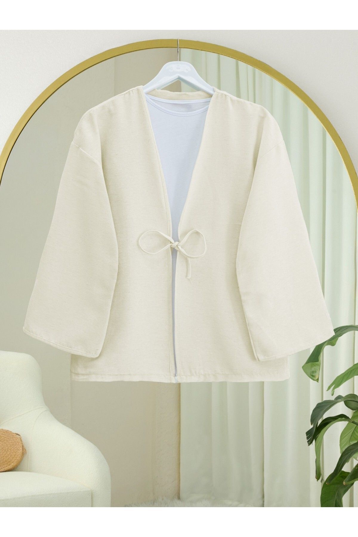 Modamorfo-Linen Kimono with Front Laces -Ecru 1