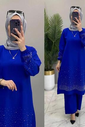 Genel Markalar TAŞ DETAY 2'Lİ MERVE TAKIM Saks Mavisi Tesettür 2’li Kombin Ta...