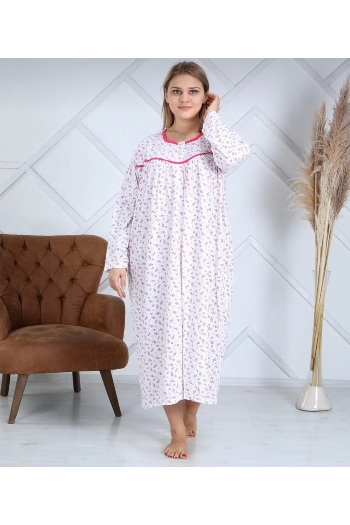 SayaSocks Pembe Uzun Kollu Çiçekli Anne Geceliği