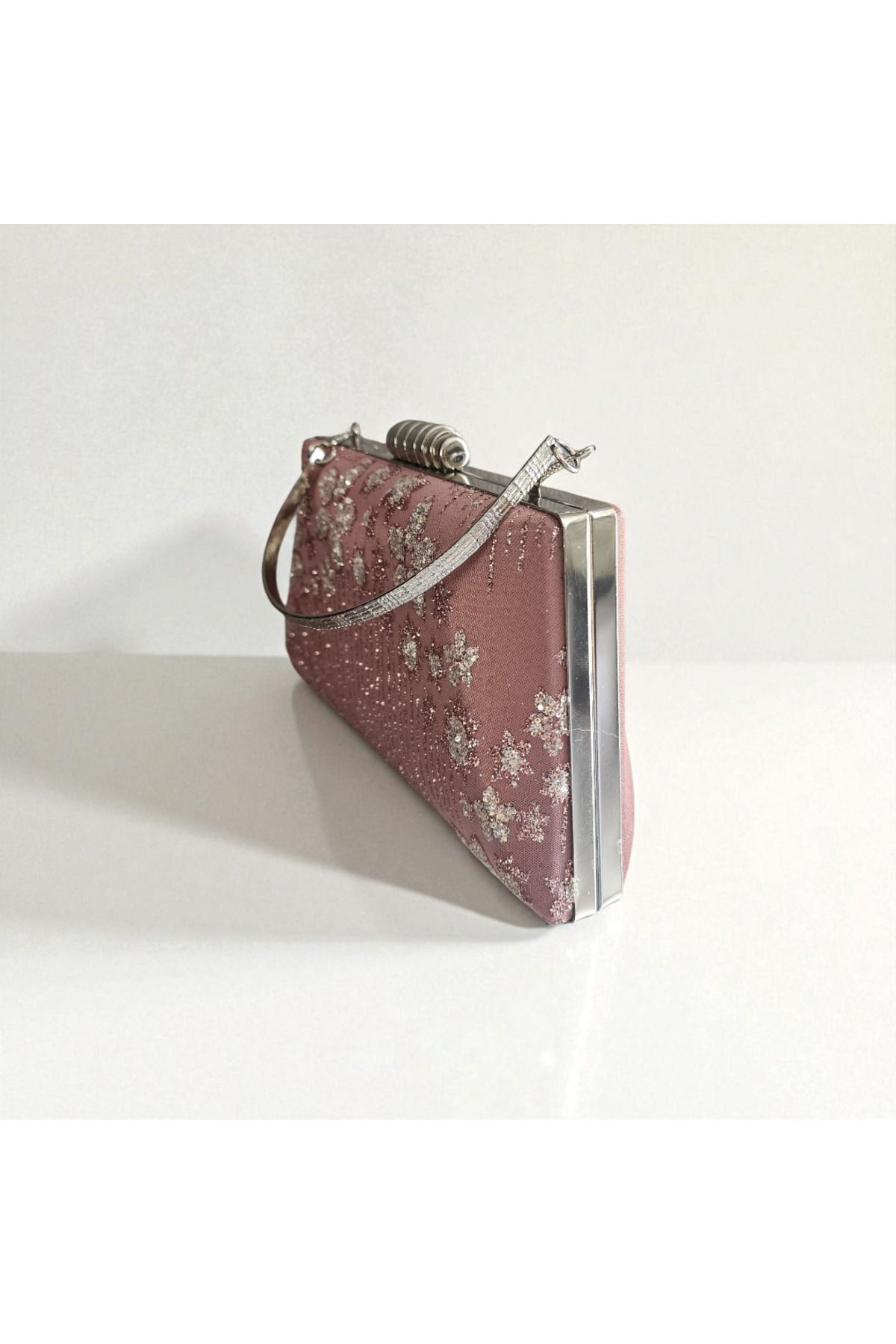 Telli Art-Pink Patterned Fabric Clutch – Sparkling Evening Bag with Silver Case 14×22 2