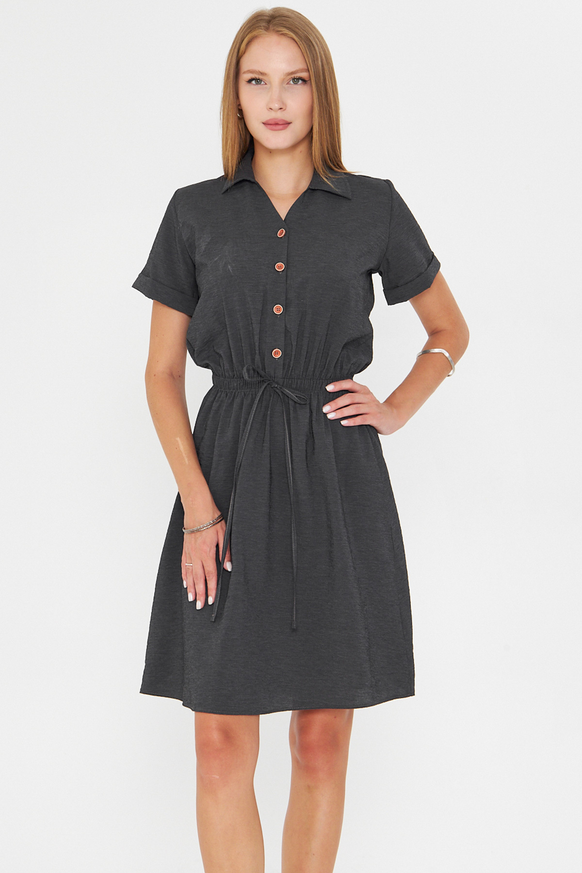Women Smoked Waist Elastic Short Sleeve Shirt Dress ARM-23Y001035