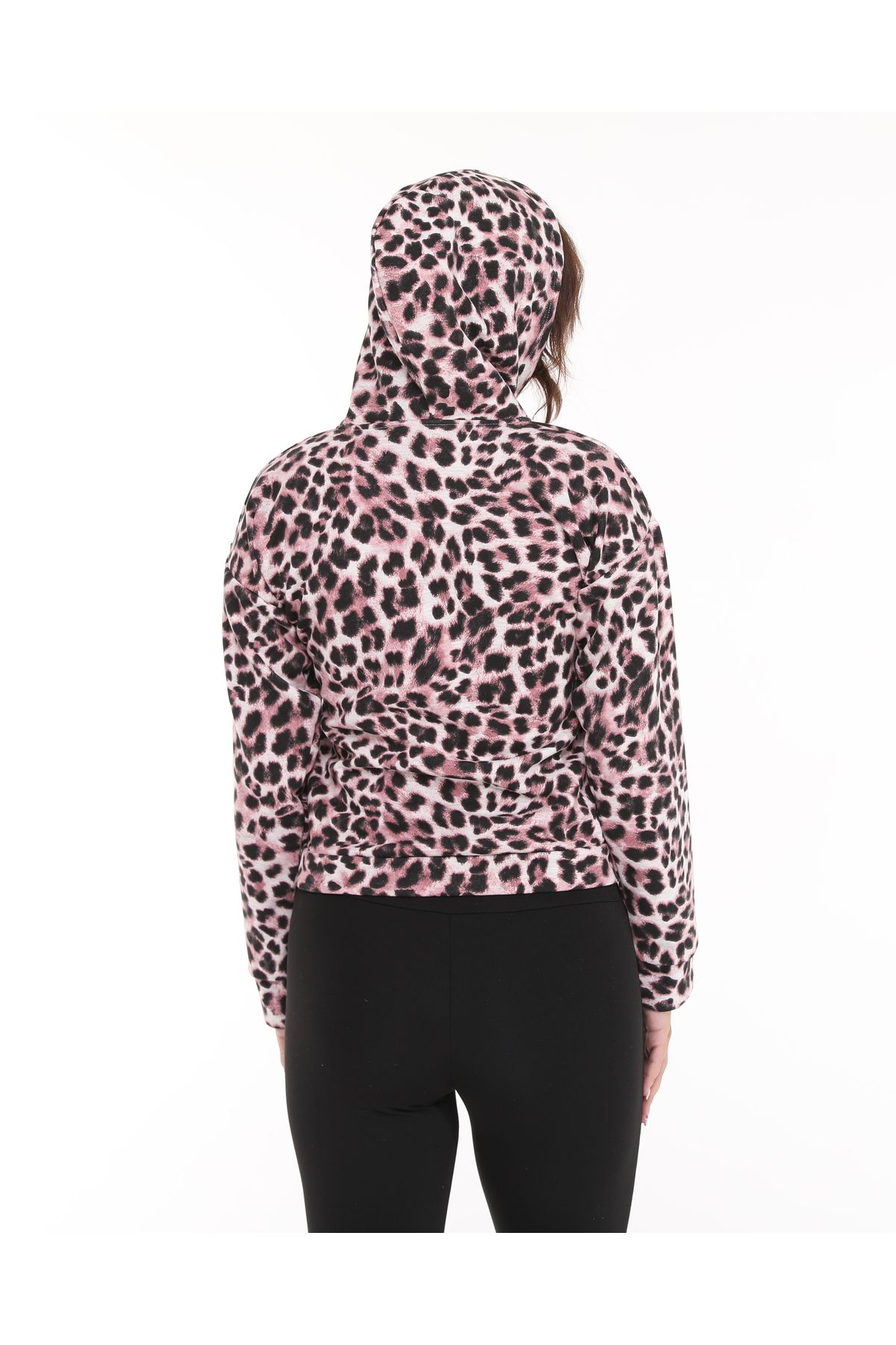BNZ TEKSTİL-Three Thread Shardon Hooded Zippered Leopard Pattern Tracksuit Top, Jacket 6