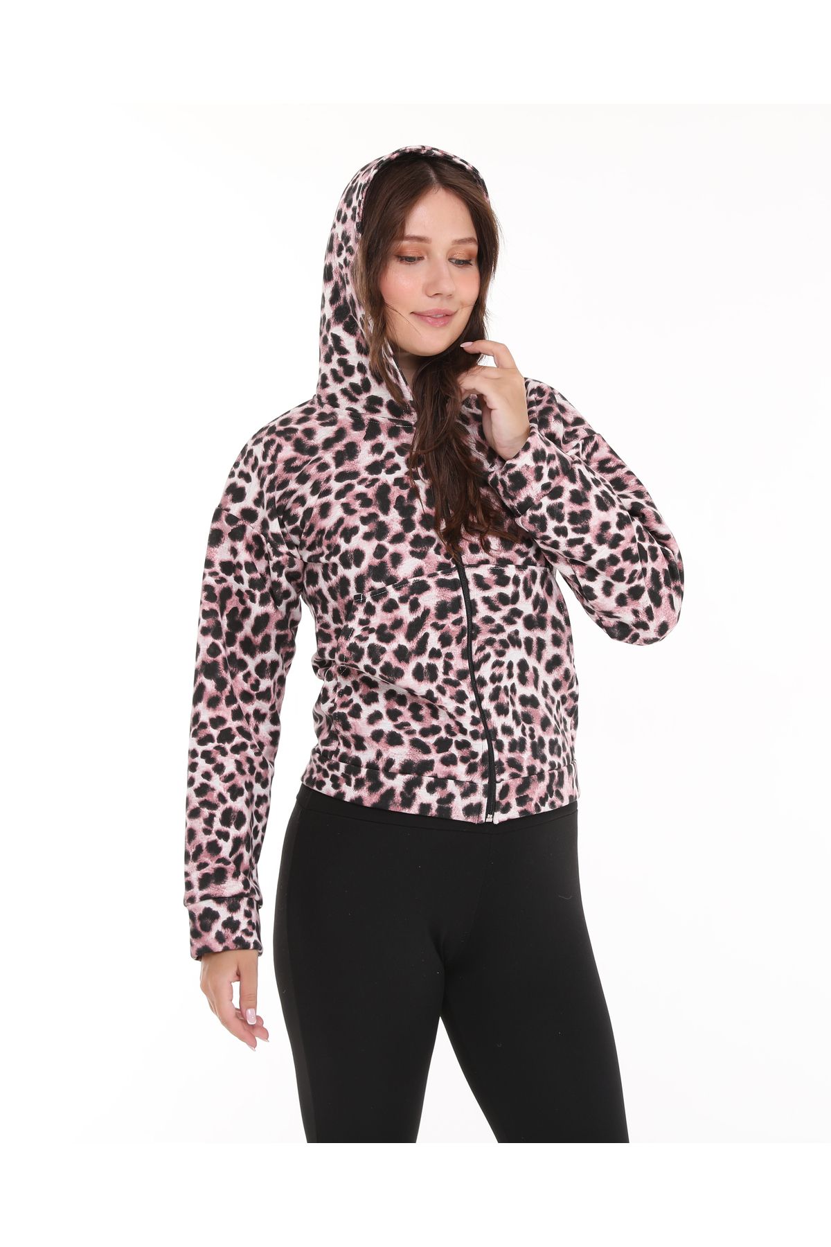 BNZ TEKSTİL-Three Thread Shardon Hooded Zippered Leopard Pattern Tracksuit Top, Jacket 5