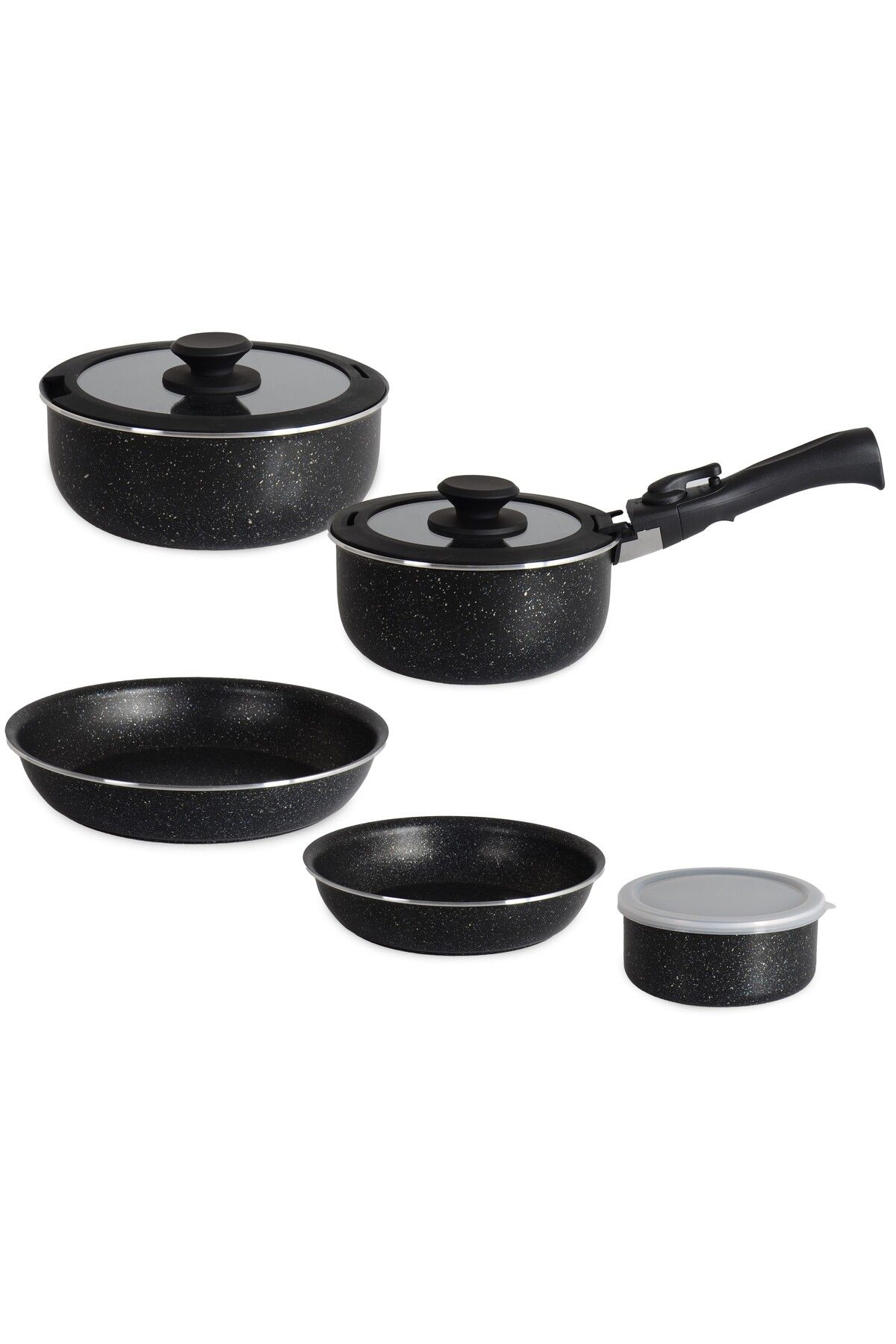 Qualitev-9 Piece Granite Coated Pot and Pan Set with Plug and Remove Handles Nested Cooking Storage Black 3