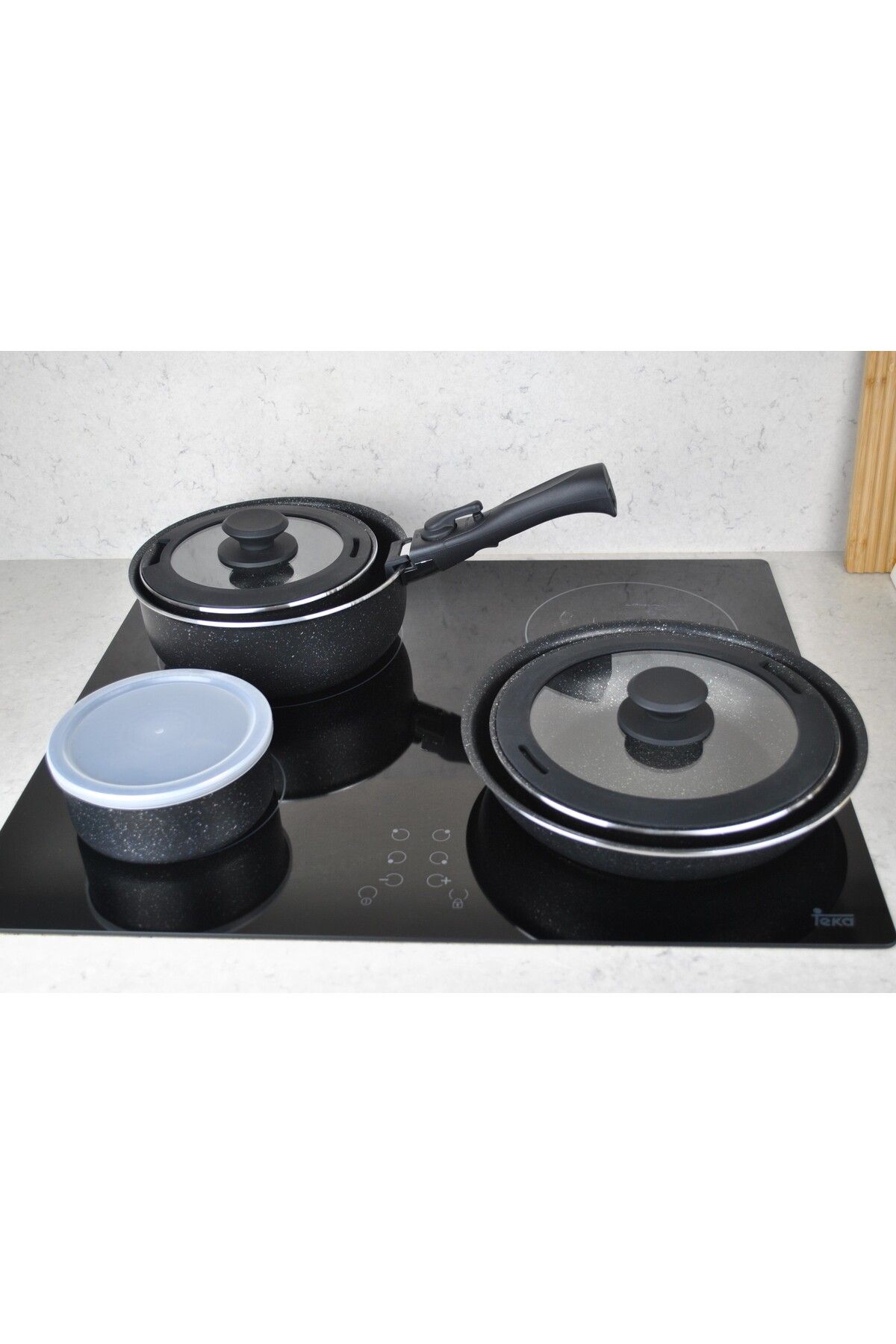 Qualitev-9 Piece Granite Coated Pot and Pan Set with Plug and Remove Handles Nested Cooking Storage Black 4