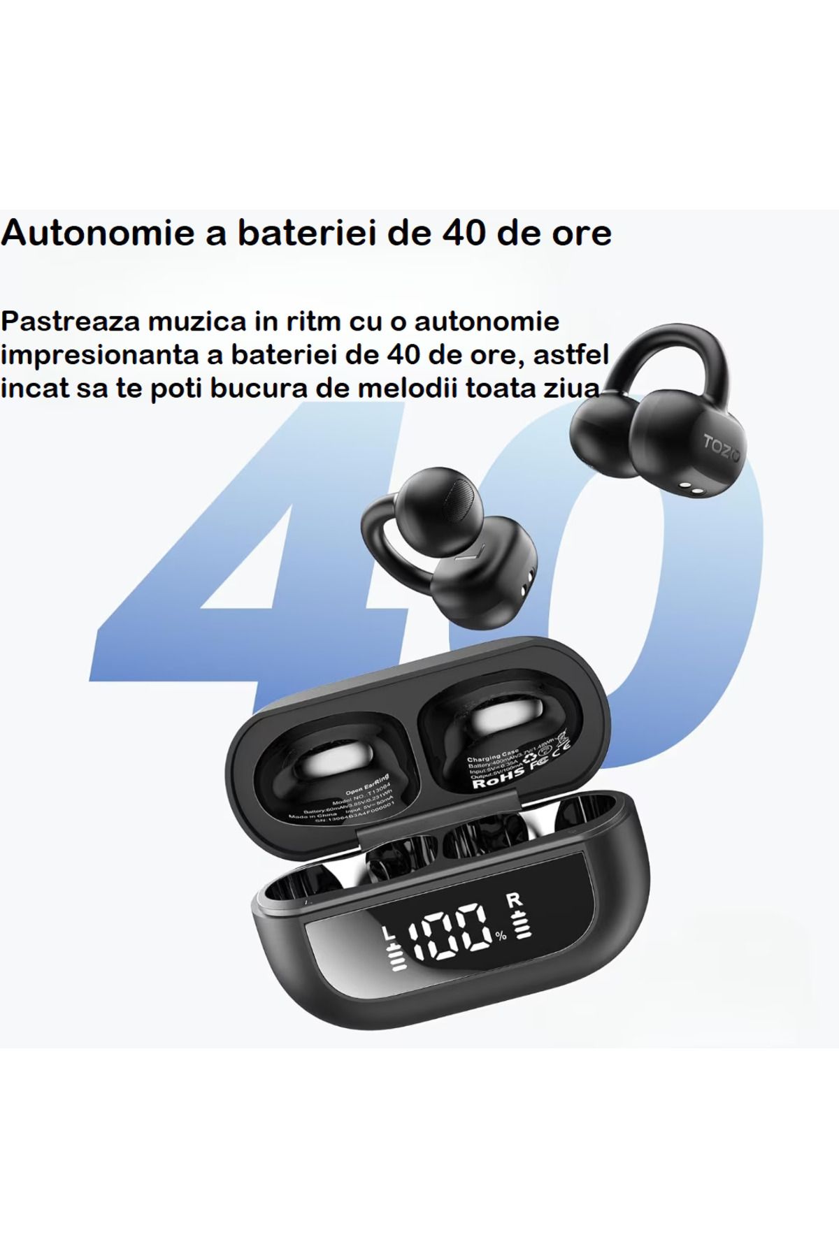 Smart Vibe-TOZO® OpenRhyme - Casti Open Ear Clip, Bluetooth 5.4, Hybrid Adaptive Noise Cancelling, 40 h, Black 5