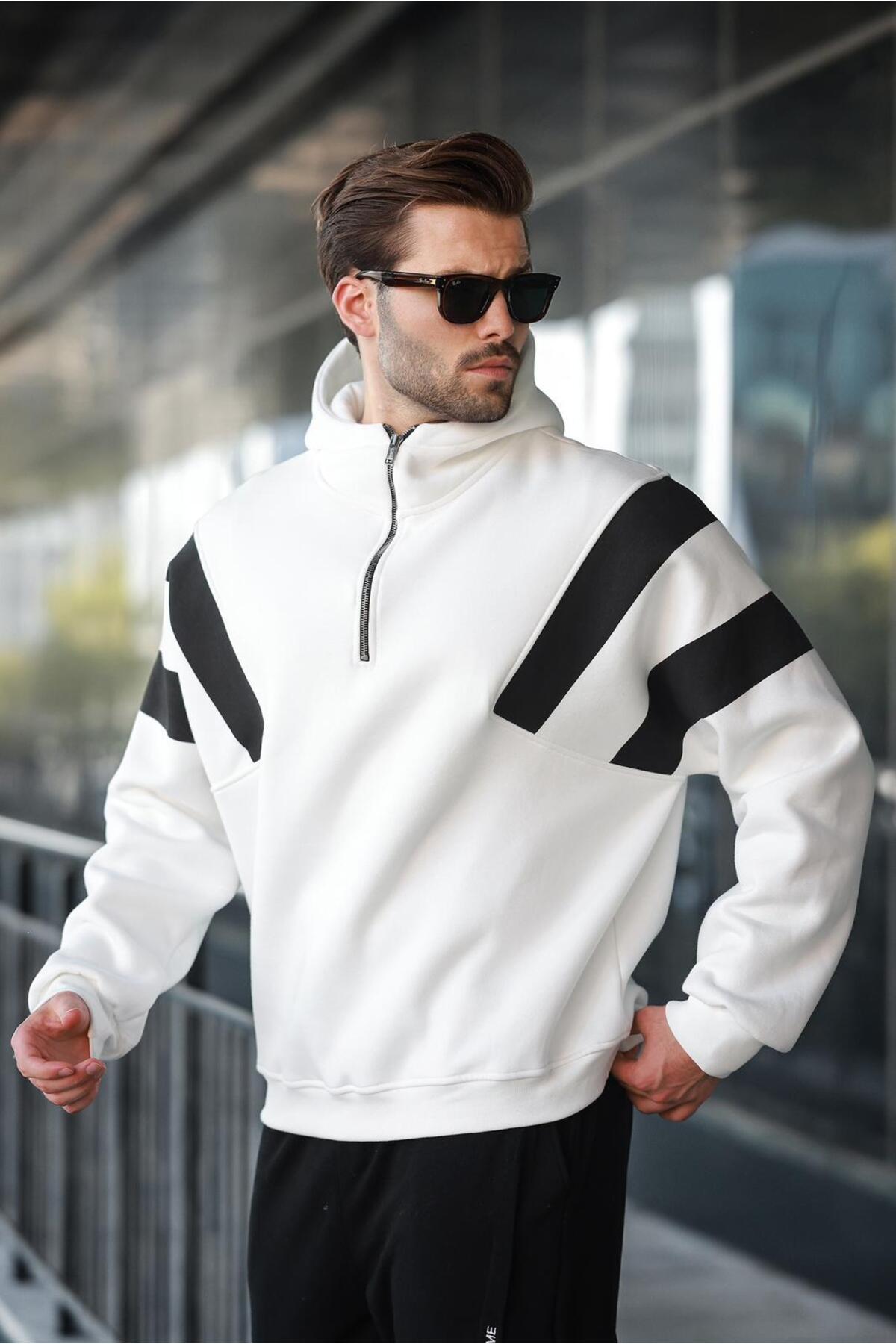 Madmext Ekru Fermuarlı Yaka Kapüşonlu Erkek Sweatshirt E7161 görsel 4