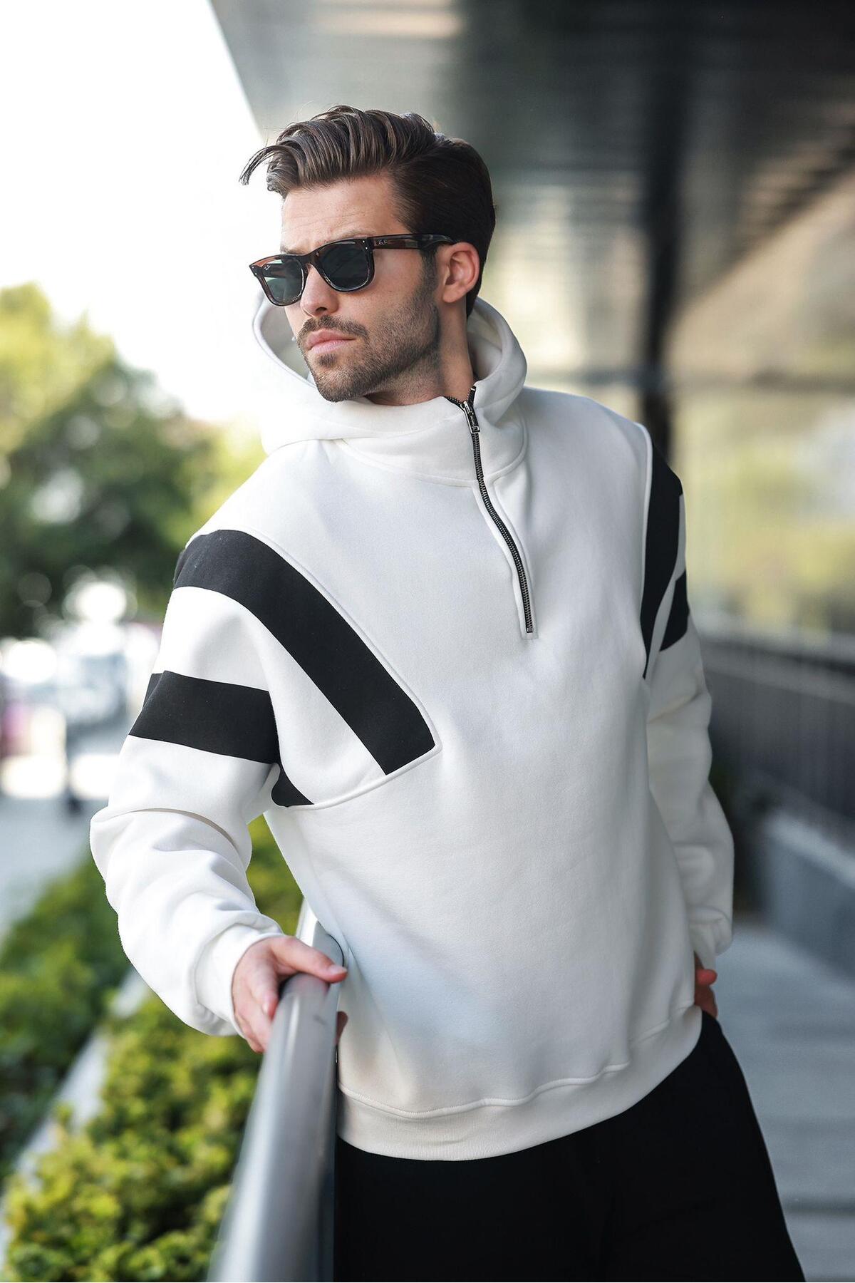 Madmext Ekru Fermuarlı Yaka Kapüşonlu Erkek Sweatshirt E7161 görsel 2