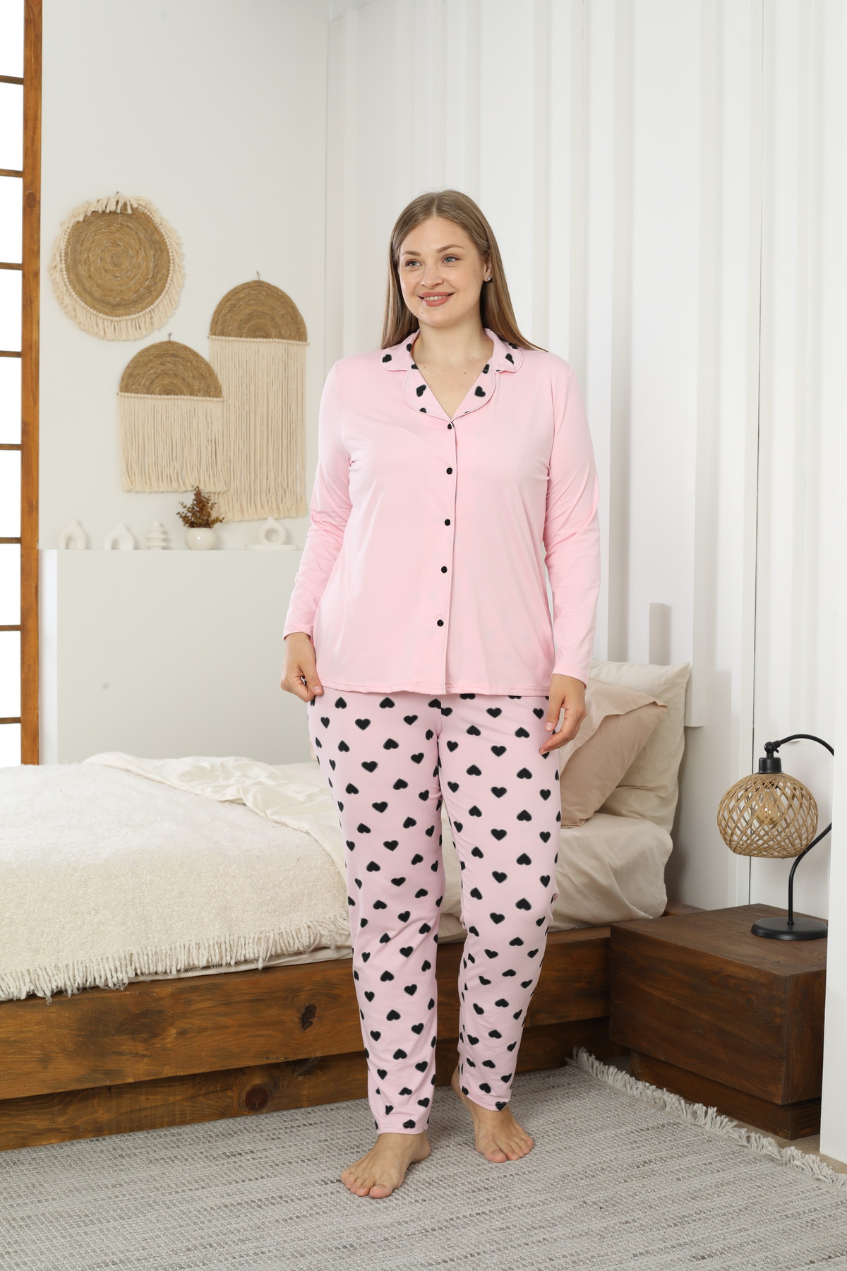 Siyah İnci pembe Desenli Büyük Beden Battal Boy Gömlek Yaka Düğmeli Milan Örme Pijama Takım25224313 görsel 2