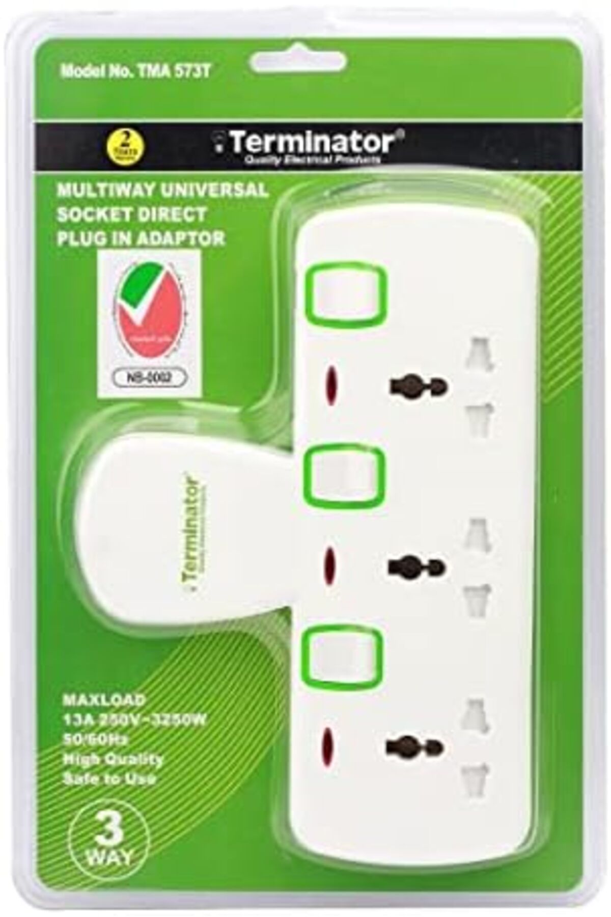 Terminatör-Terminator 3 Way Universal T-Socket Multi Adaptor With Individual Switches & Indicators 13A Plug and 1