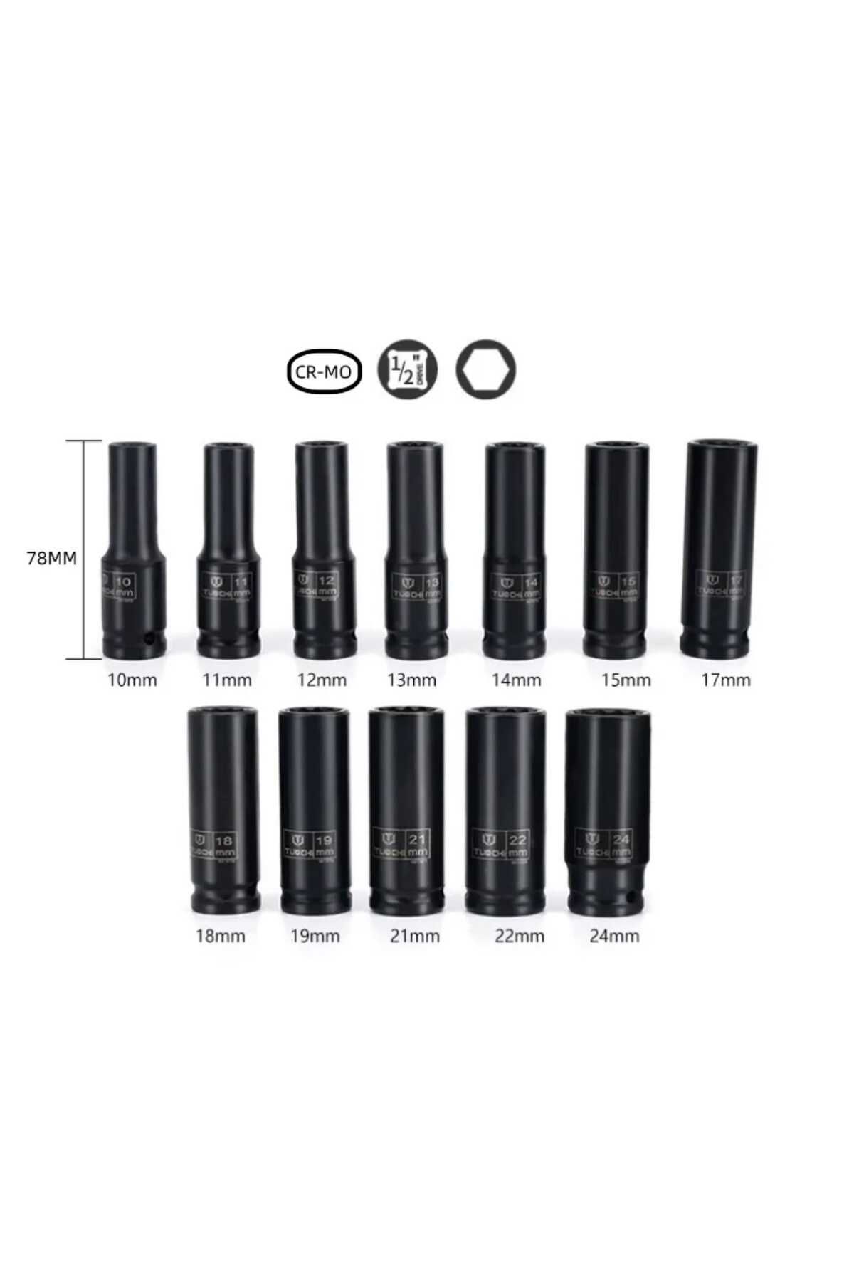 Metal Needs-Long impact socket set, hexagonal, 1/2 drive 3