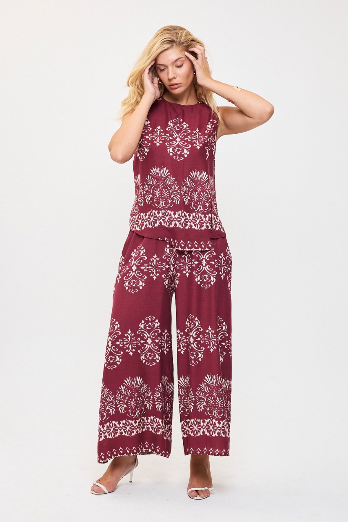 bacc-Cherry Pattern Sleeveless Blouse and Wide Leg Pants Woven Bottom Top Set Bcvl-25V201 1