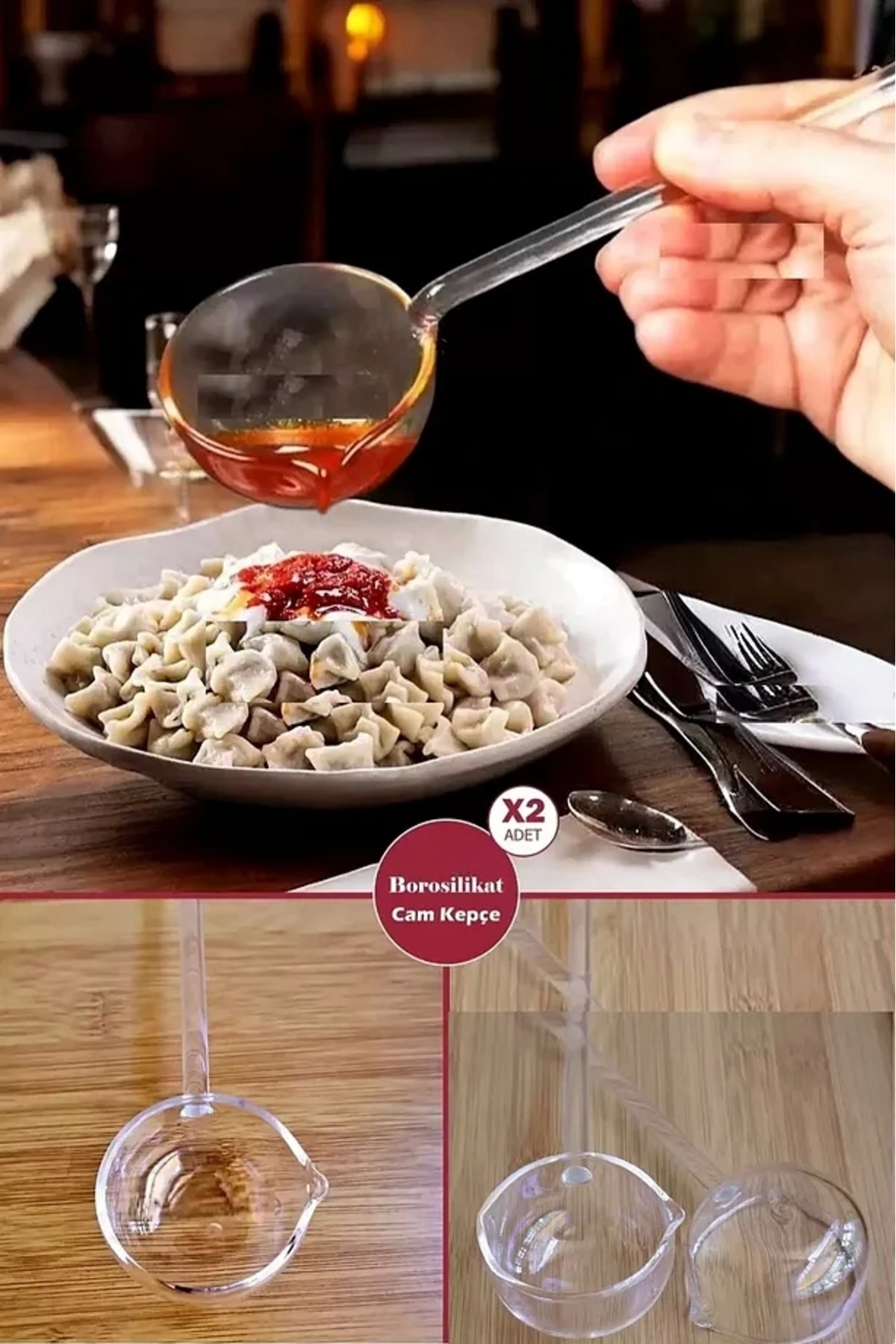 Rosemor 2li Lüks Borosilikat Cam Kepçe 25 Cm Isıya Dayanıklı Servis Sunum Kaşığı Cam Sos ve Çorba Kepçesi