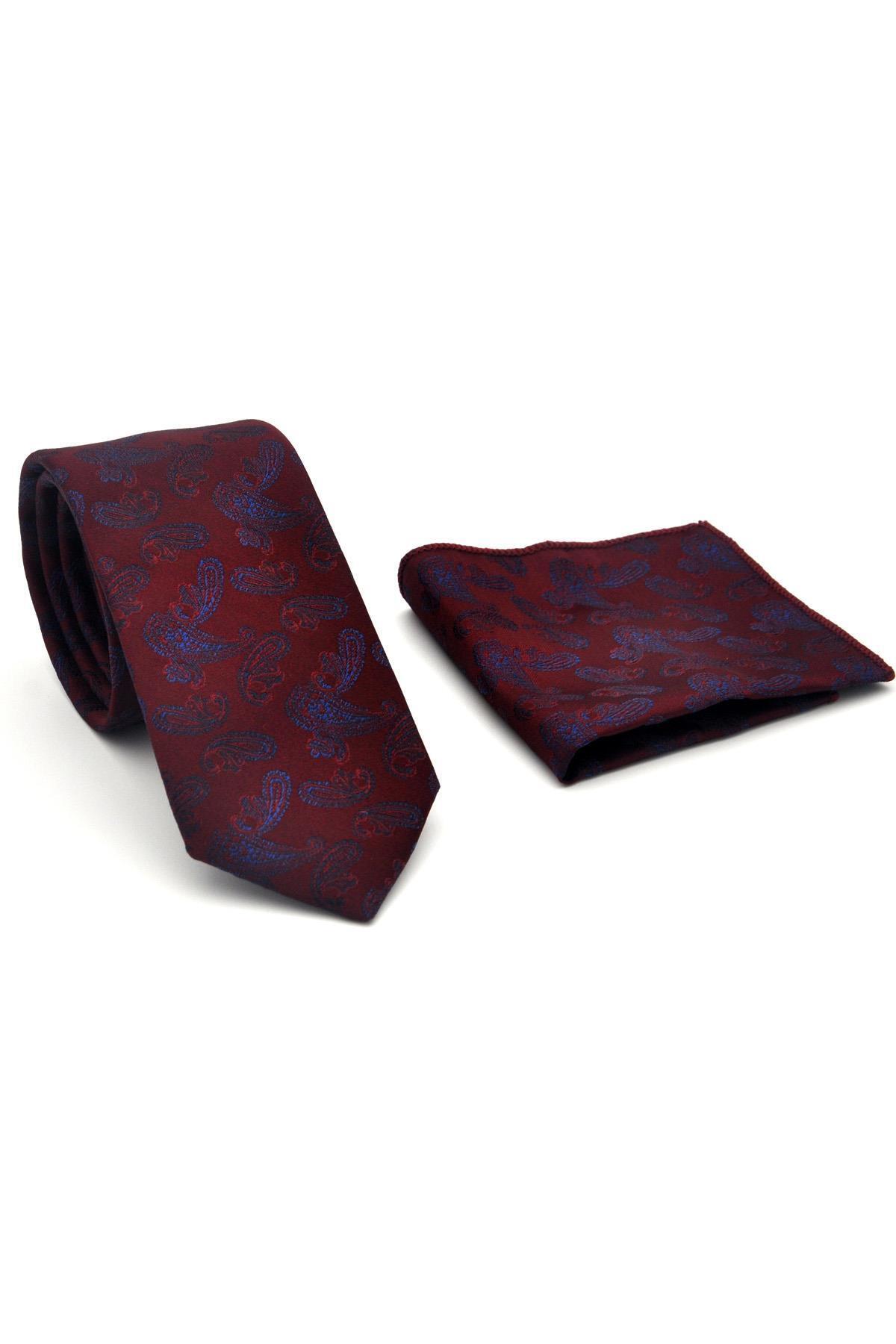 Gaffy Lacivert Şal Desenli Bordo Dokuma Kumaş Mendilli Slim Fit Kravat // SDK-2507-3 görsel 2