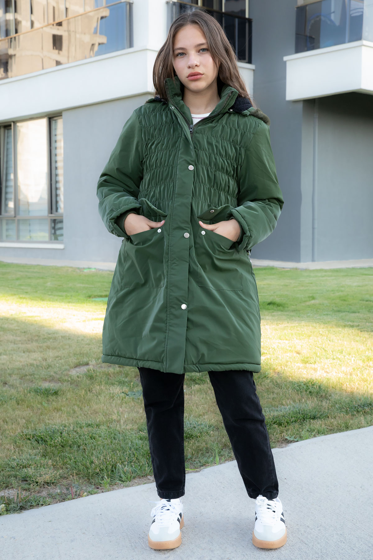Khaki Belted Nubuck Fabric Girls Furry Hooded Inflatable Coat 21313