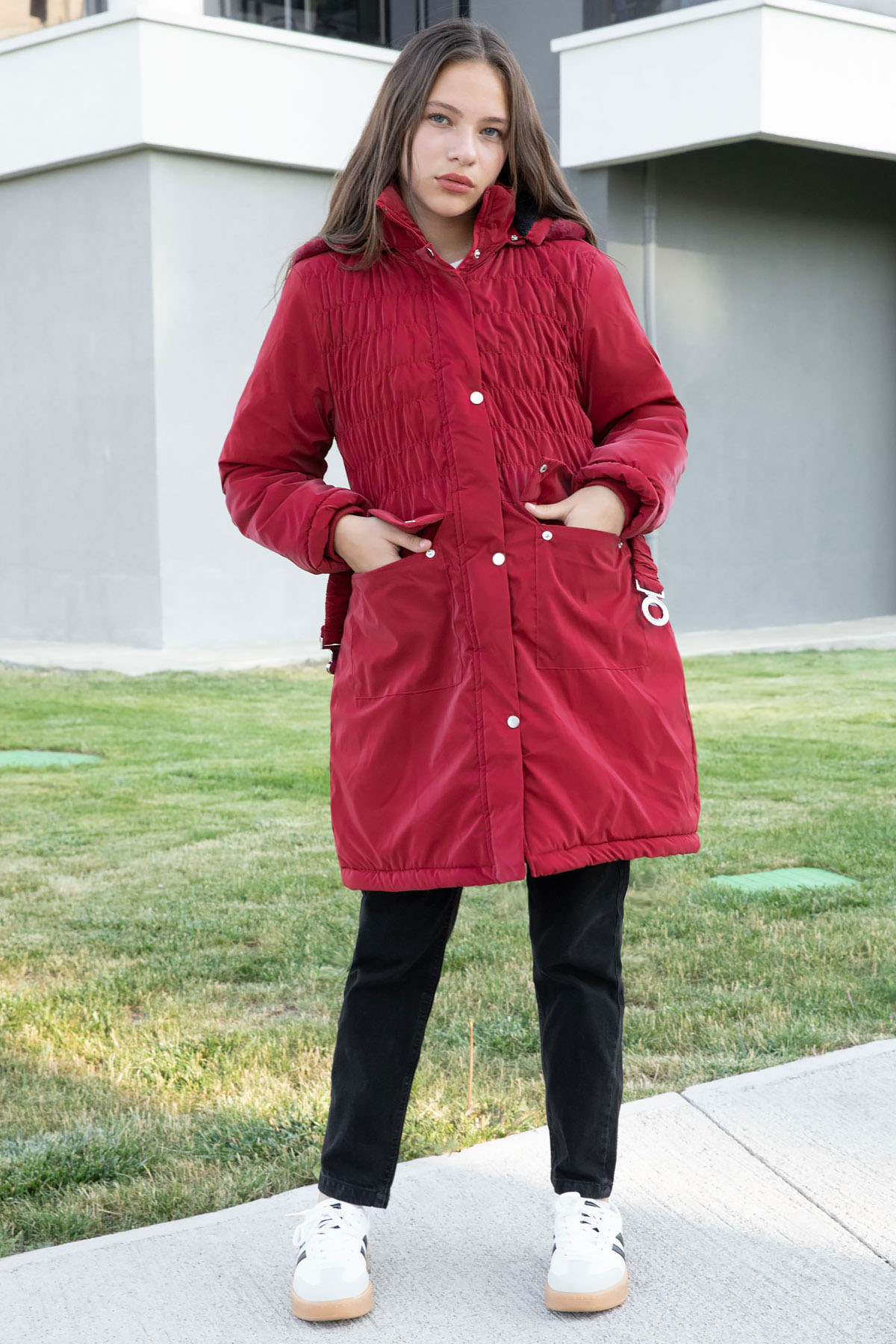 Burgundy Belted Nubuck Fabric Girls Fur Hooded Inflatable Coat 21314