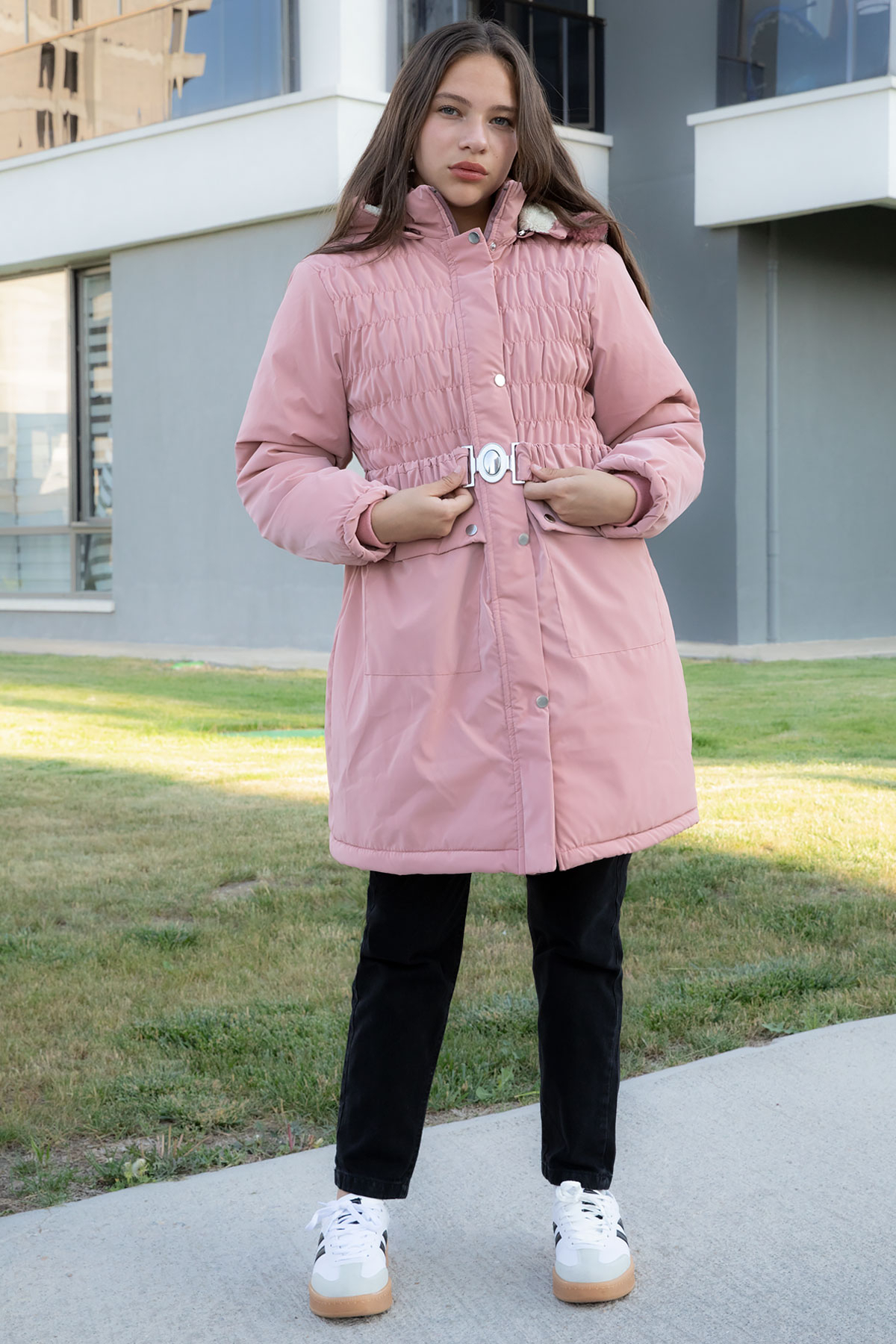 Pink Belted Nubuck Fabric Girls Furry Hooded Inflatable Coat 21312