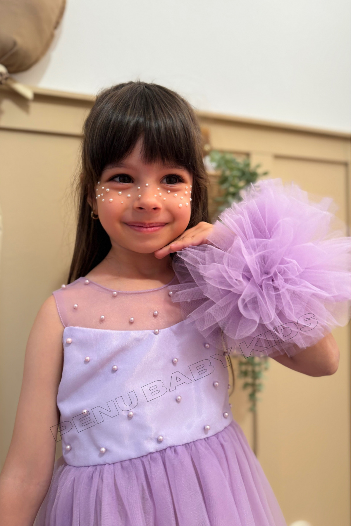 penu baby kids Lila Ponpon Detaylı İnci Süslemeli Pamuk Astarlı Kız Çocuk Kız Bebek Elbise fotoğrafı 5 (önizleme)