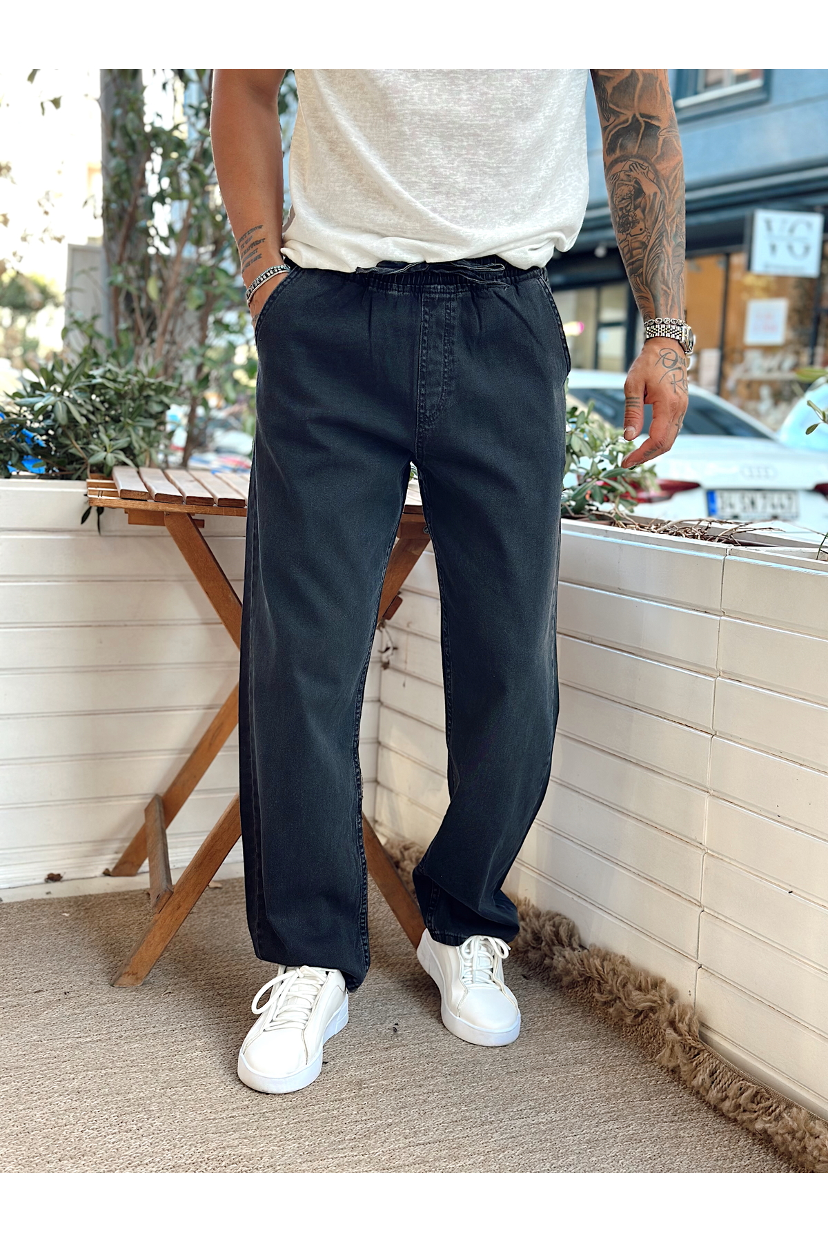 manch collection Beli İpli Baggy Kot Pantolon Siyah görsel 4