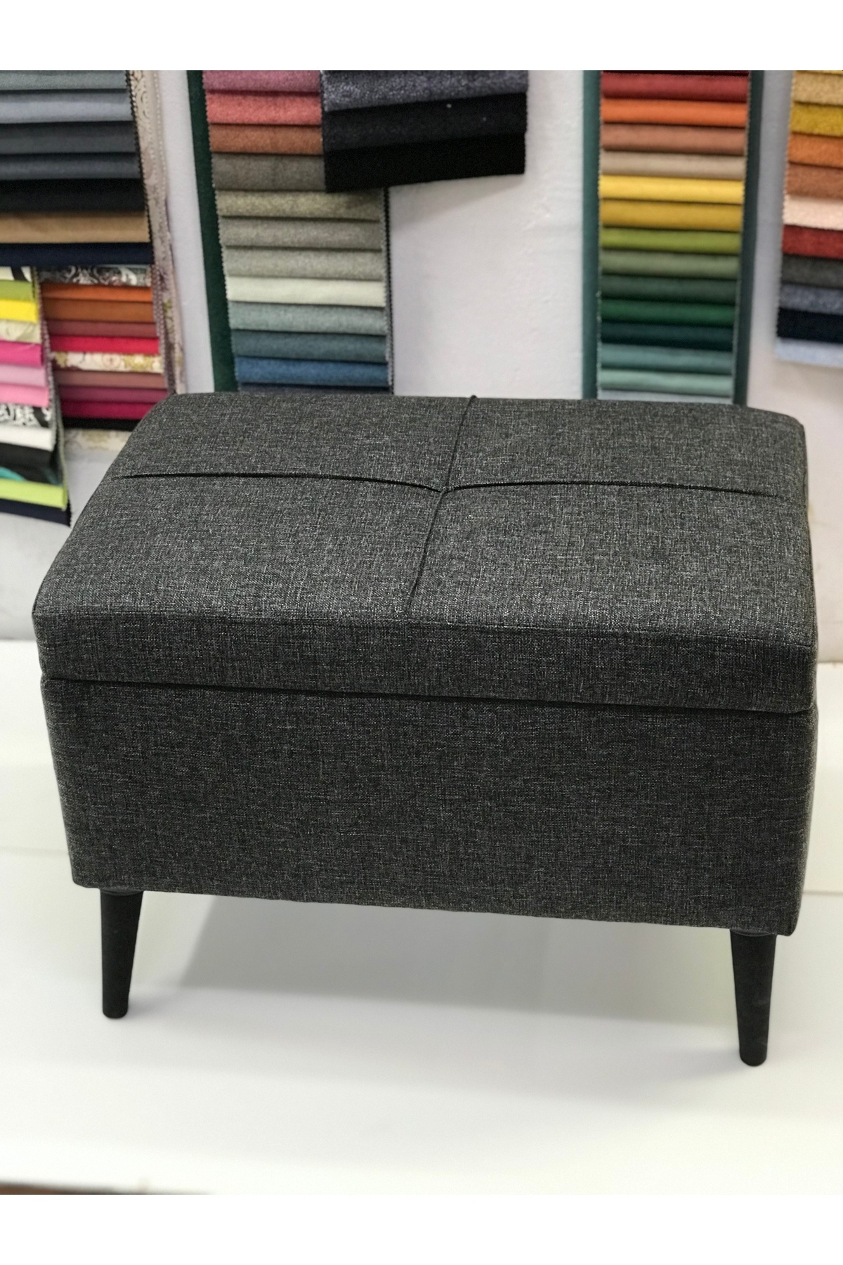 Lütfiye Gündoğan Puf sandıklı yükseklik 45cm boy 60 cm en 40cm leke tutmaz keten antrasit gri