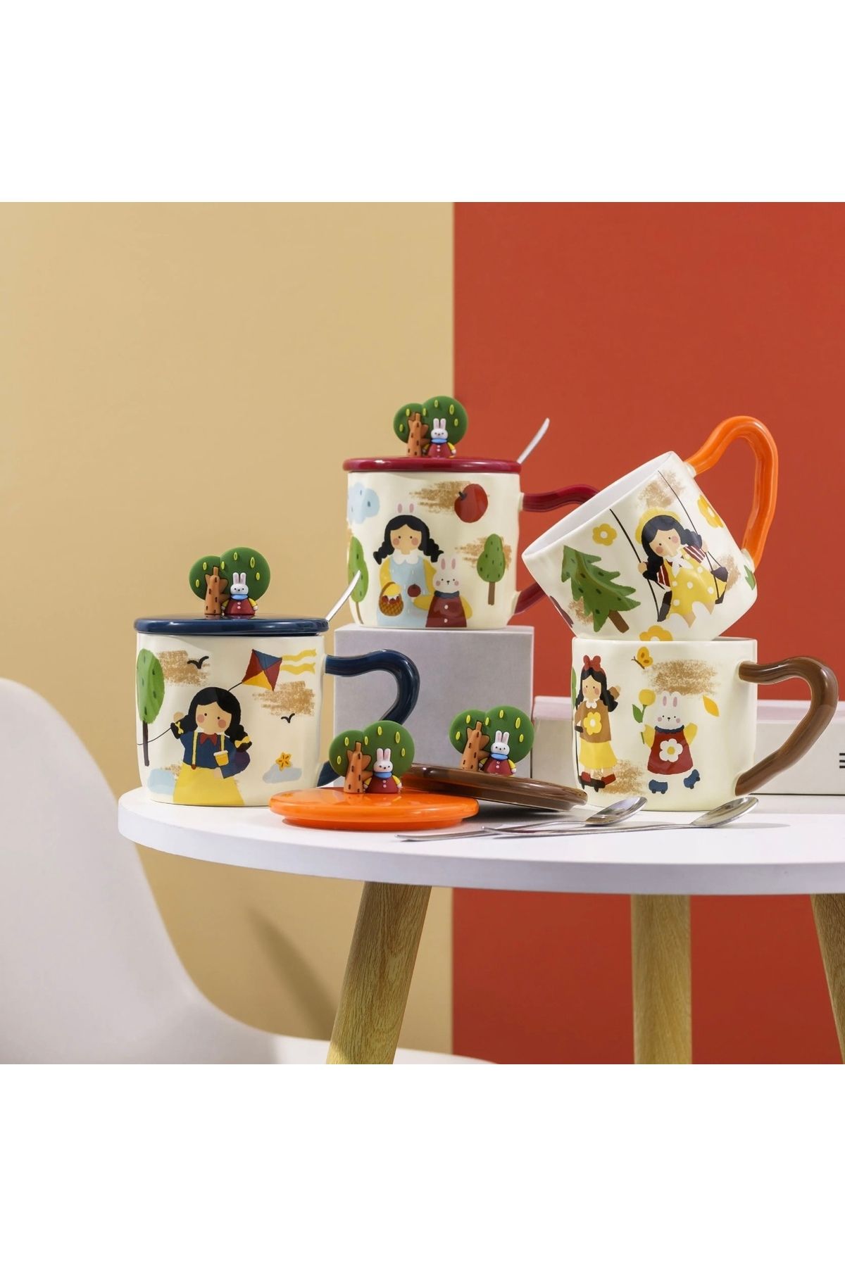Generic-Ceramic mug with decorative designs, comes with matching lids and spoons. 3