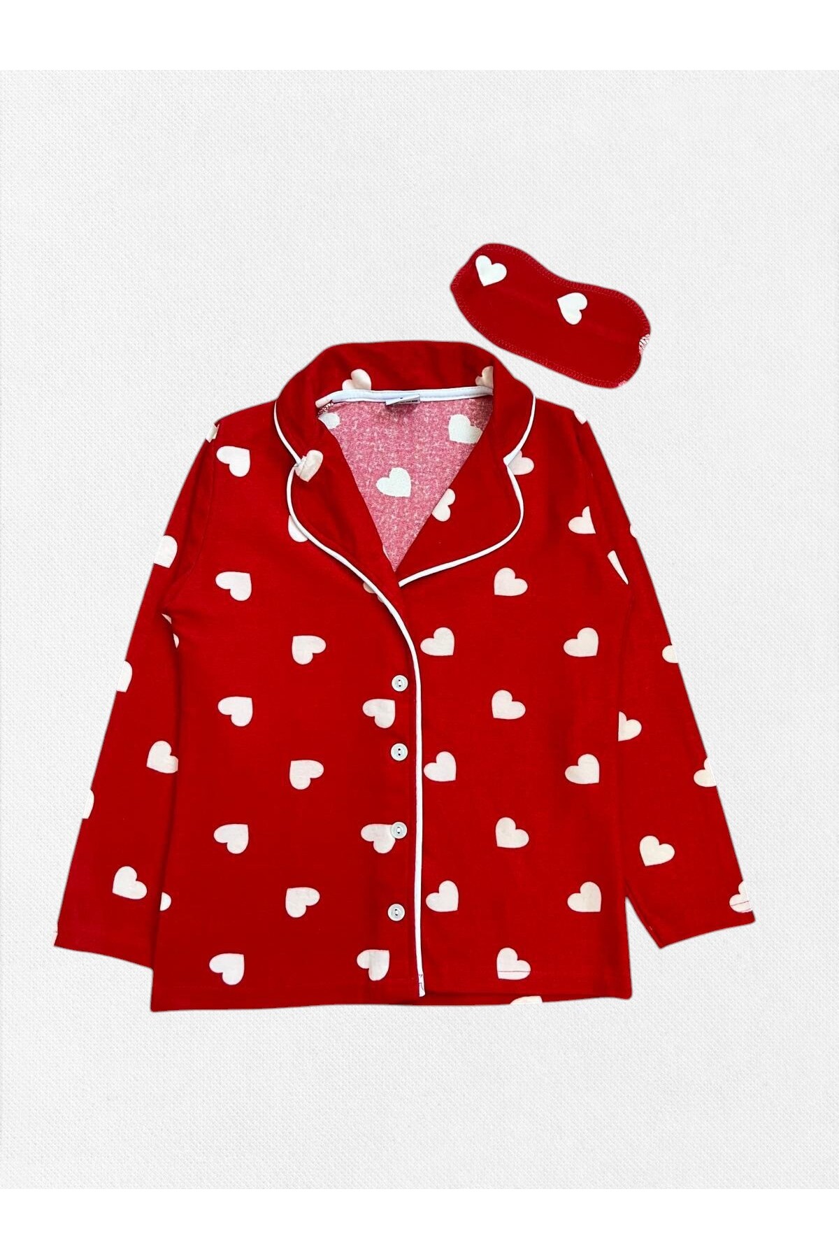 Fil Kids Kız Çocuk Pamuklu Kumaş Süet Kırmızı Kalp Desen Beyaz Biyeli Uyku Bantlı Gömlek Yaka Pijama Takımı fotoğrafı 6 (önizleme)