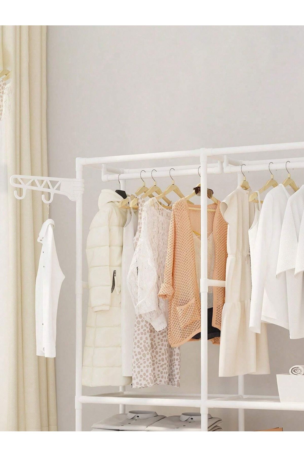 Cozy Nest-3 Section Metal Cloth Rack with Shelves Multifunctional Garment Wardrobe with 360° Rotatable Hooks 4