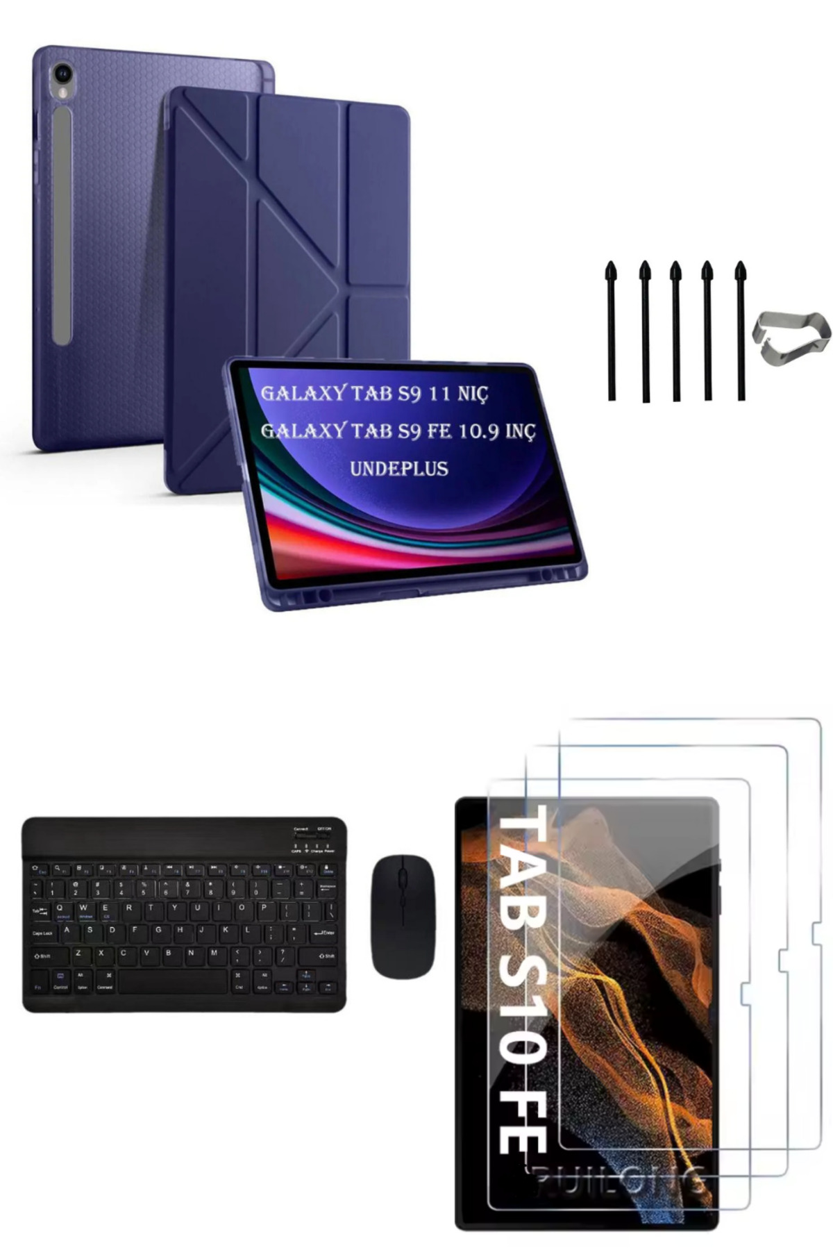 Samsung Galaxy Tab S10 FE Origami Case+Keyboard Mouse+S Pen Replacement Tip+Screen Protector Navy Blue
