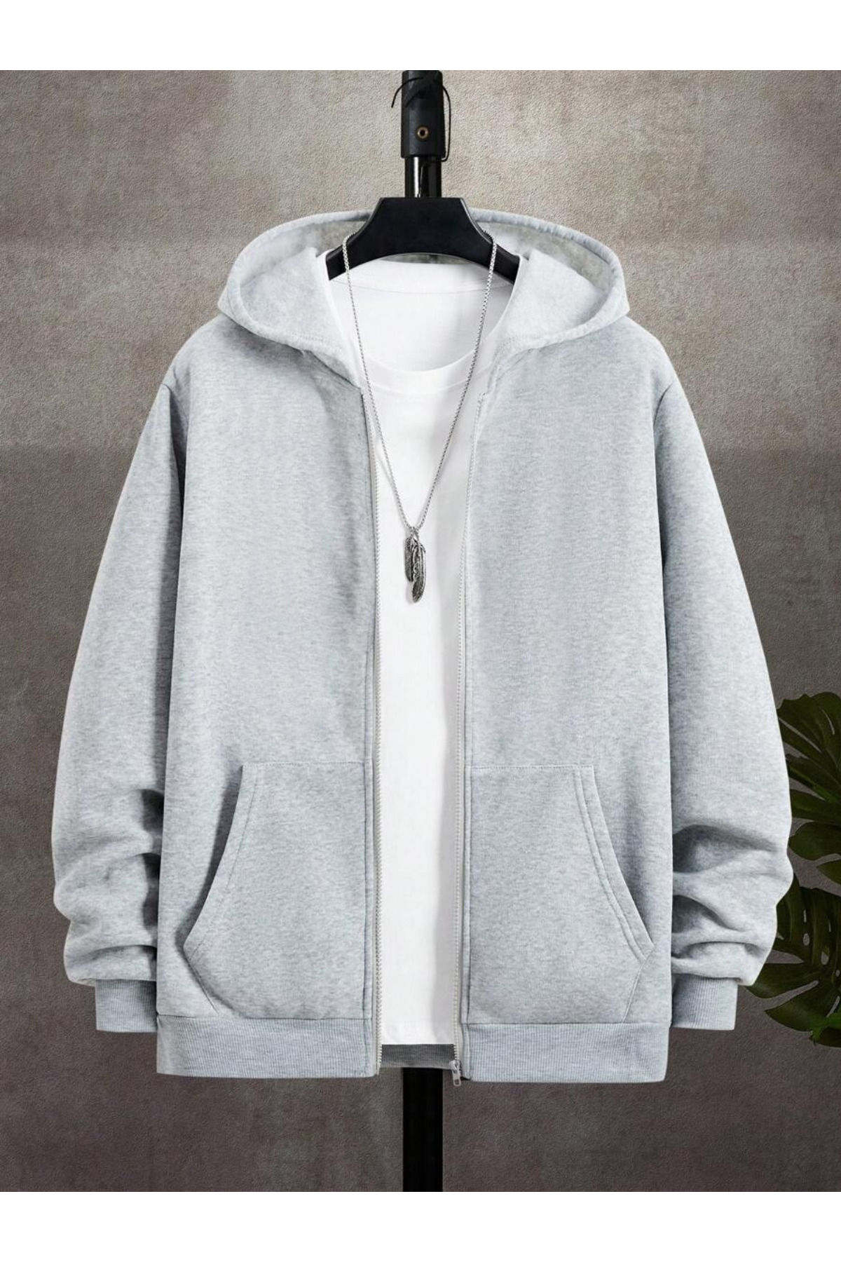 Deep sense  Erkek Gri Kapüşonlu Fermuarlı Sweatshirt Kışlık Okul Hırkası Şardonlu Baskısız