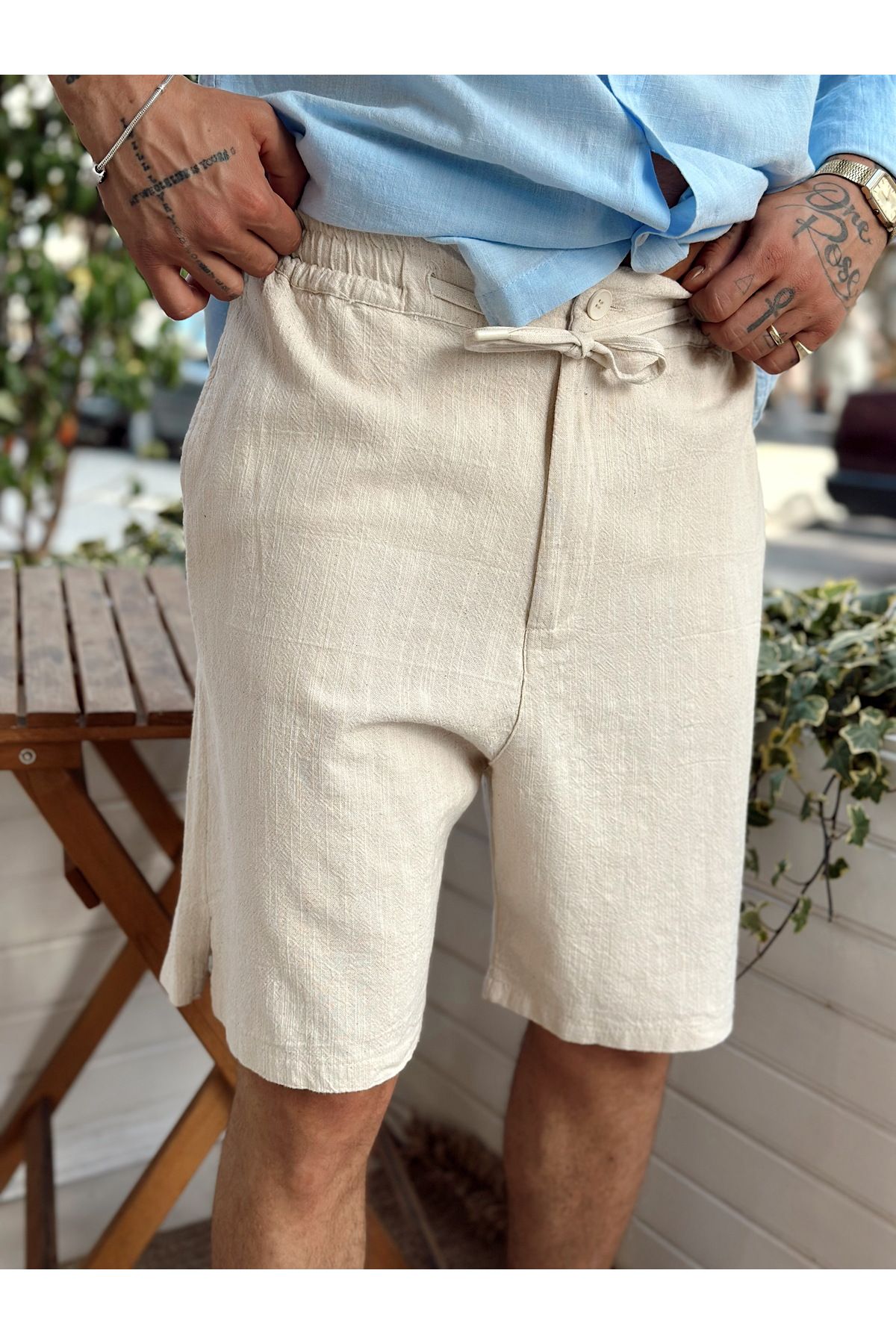 manch collection-Basic Linen Shorts with Drawstring at the Waist Cream 4