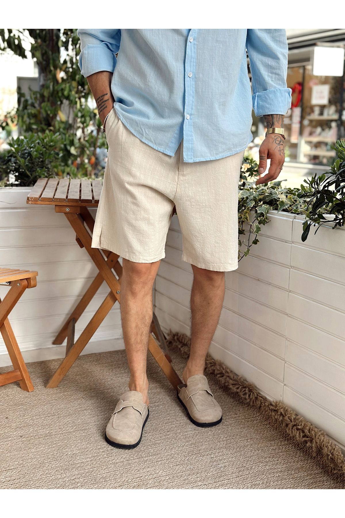 manch collection-Basic Linen Shorts with Drawstring at the Waist Cream 5