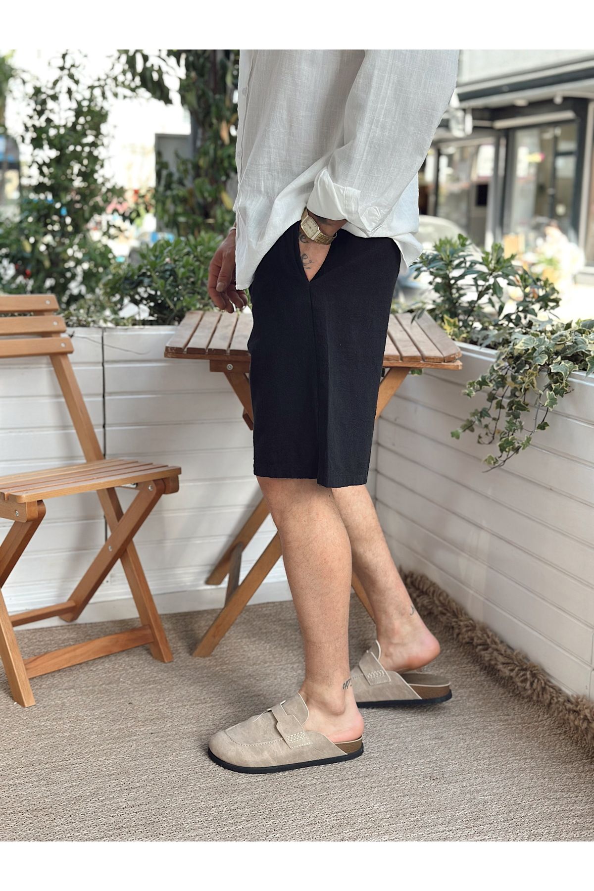 manch collection-Basic Linen Shorts with Drawstring Waist Black 2