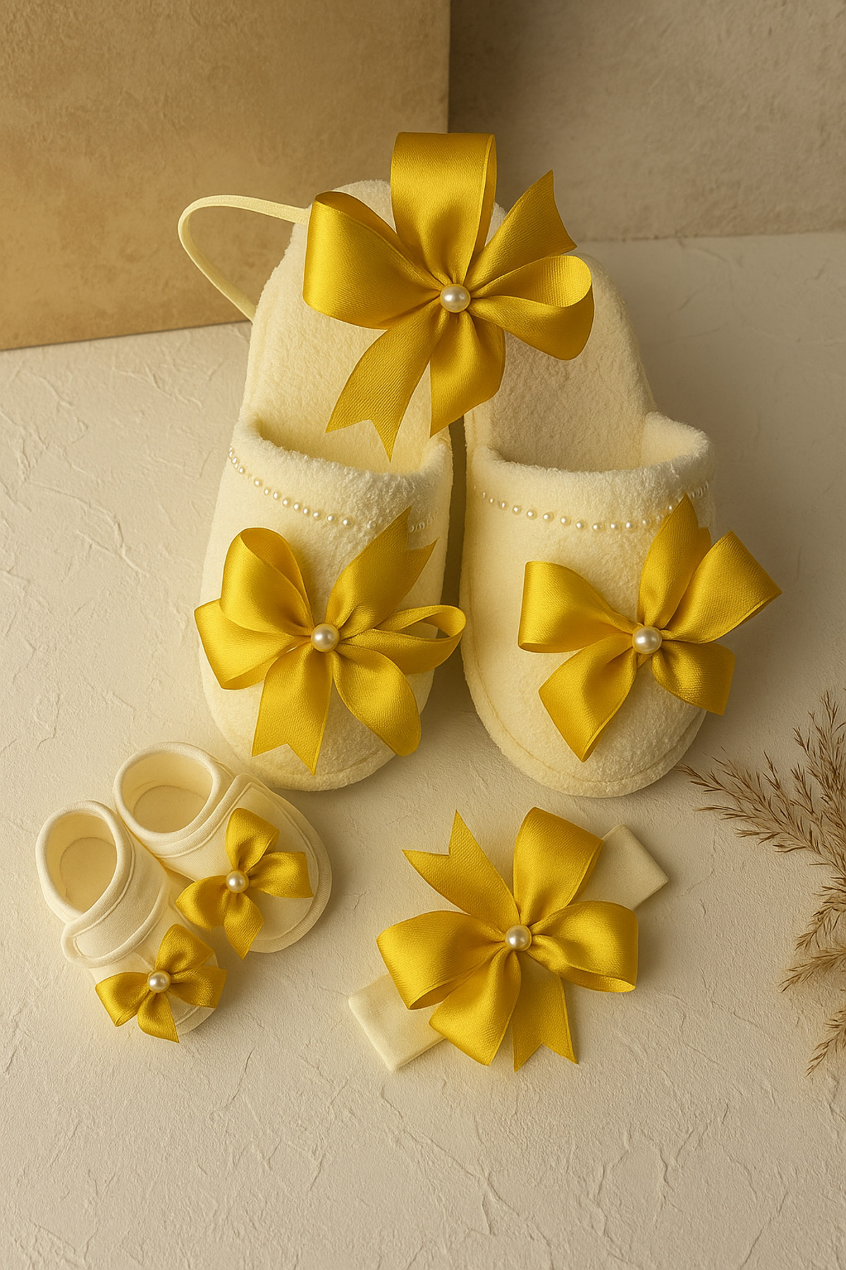 Massaltay Fiyonklu Anne Lohusa Terliği, Taç, Bebek Patik ve Bandana 4’lü Set – Şık ve Rahat Hastane Çıkışı fotoğrafı 2 (önizleme)