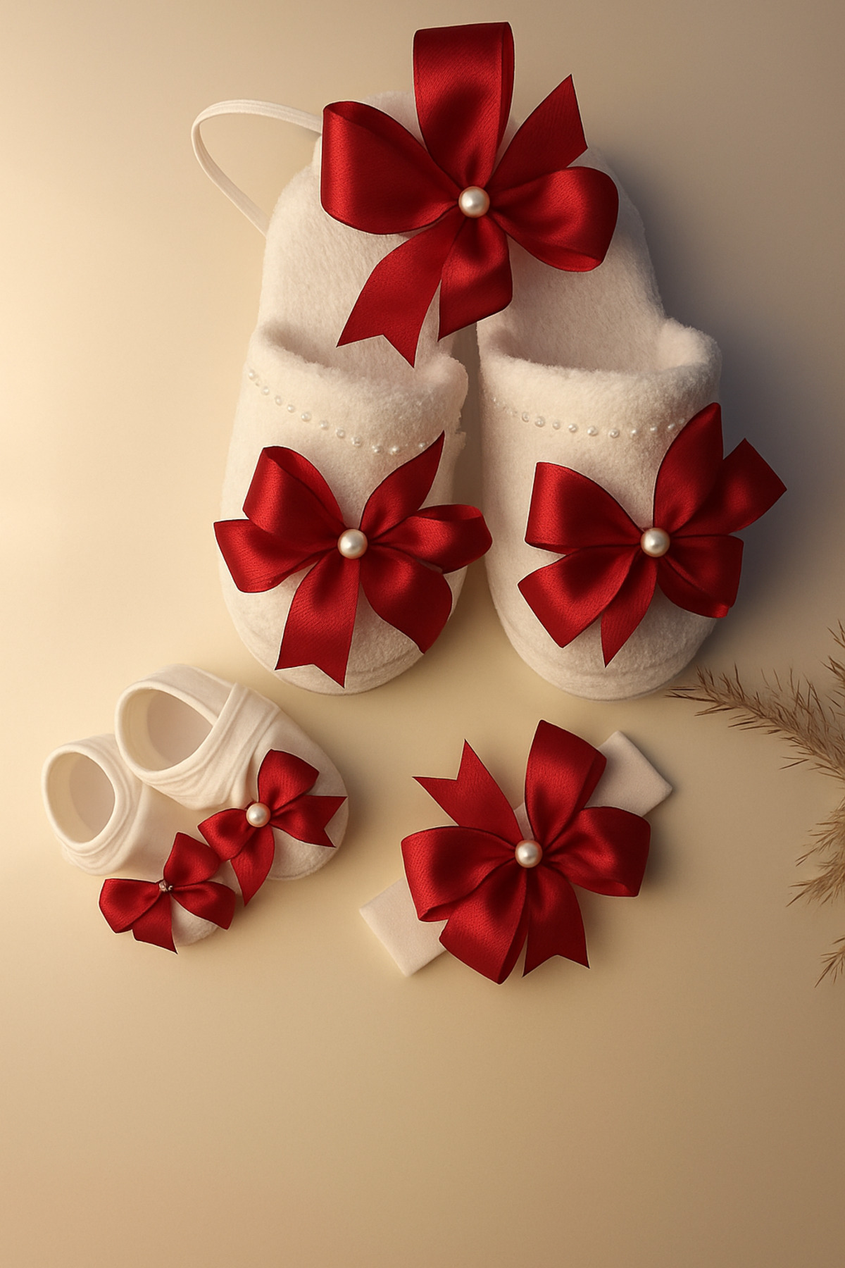 Massaltay Fiyonklu Anne Lohusa Terliği, Taç, Bebek Patik ve Bandana 4’lü Set – Şık ve Rahat Hastane Çıkışı fotoğrafı 2 (önizleme)