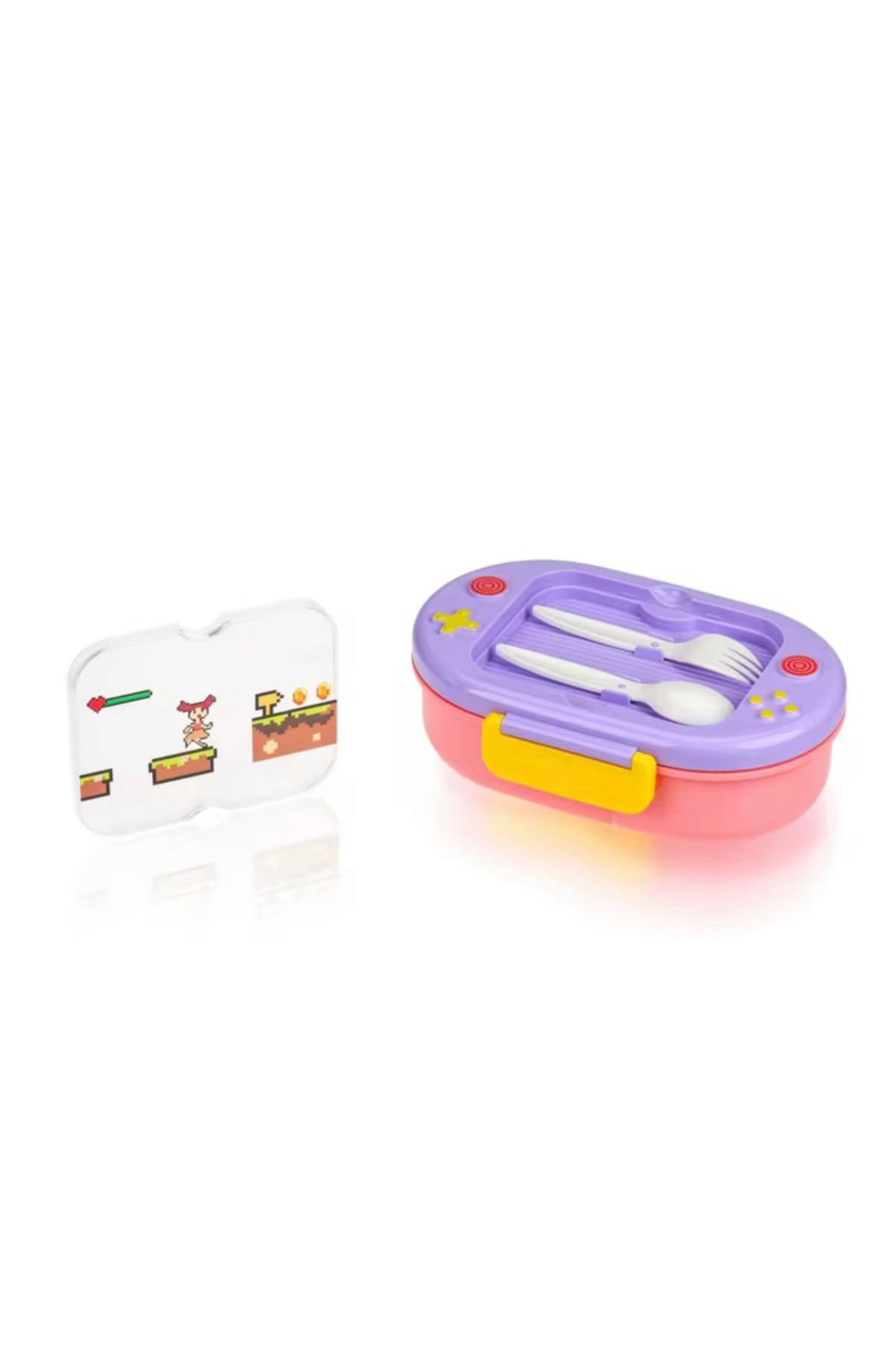 Generic-Lunch box with a video game-inspired design, including a spoon and fork. 3