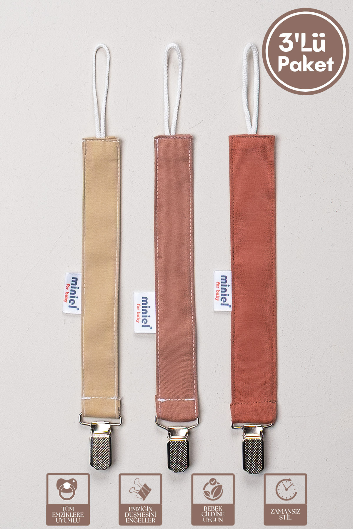 Miniel Unisex Bebek Pamuklu Kumaş Renkli 3Lü Emzik Tutucu / Emzik Zinciri / Emzik Askısı Seti