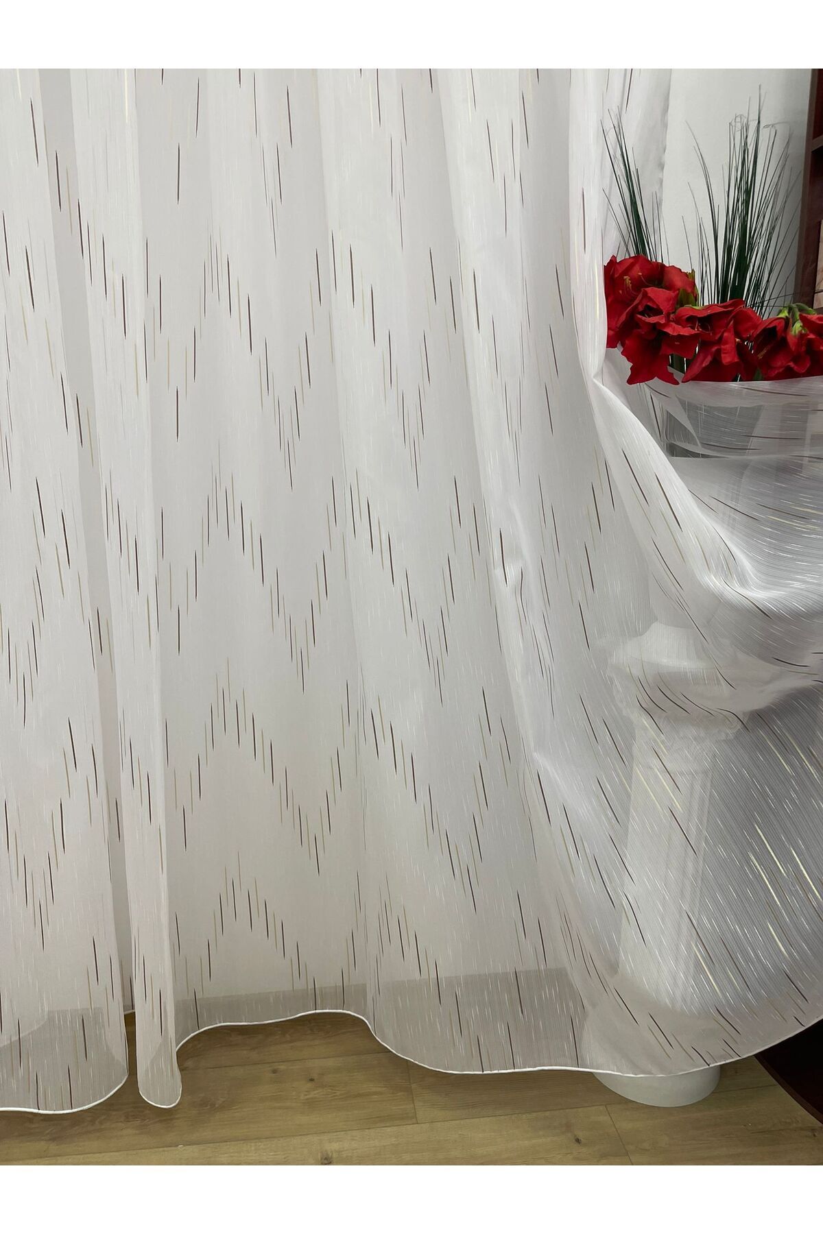 Liz Line-White curtain, mechanically embroidered, with rejansa, cappuccino/wenge, "Game of lines" by Liz Line PD049 5