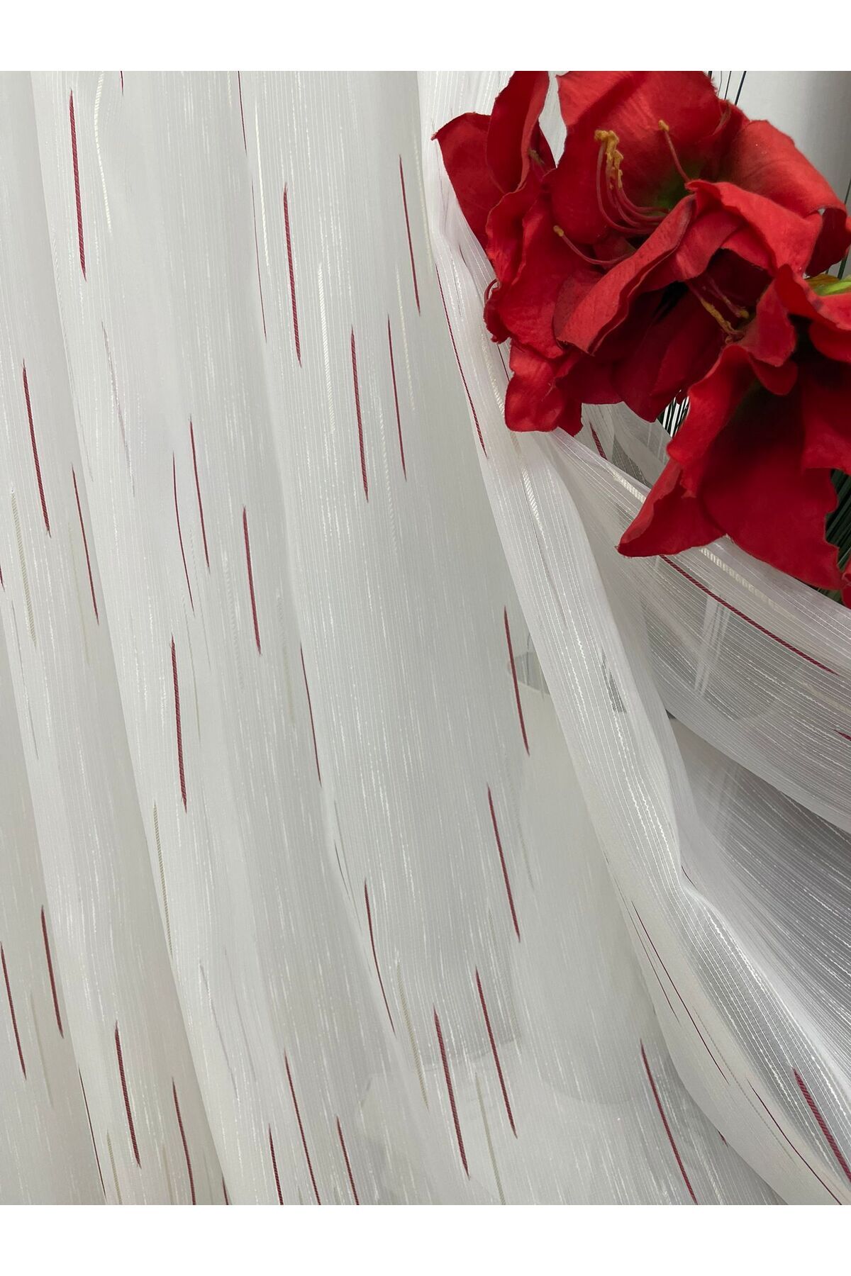 Liz Line-White curtain, mechanically embroidered, with rejansa, white/red, "Game of lines" by Liz Line PD055 6