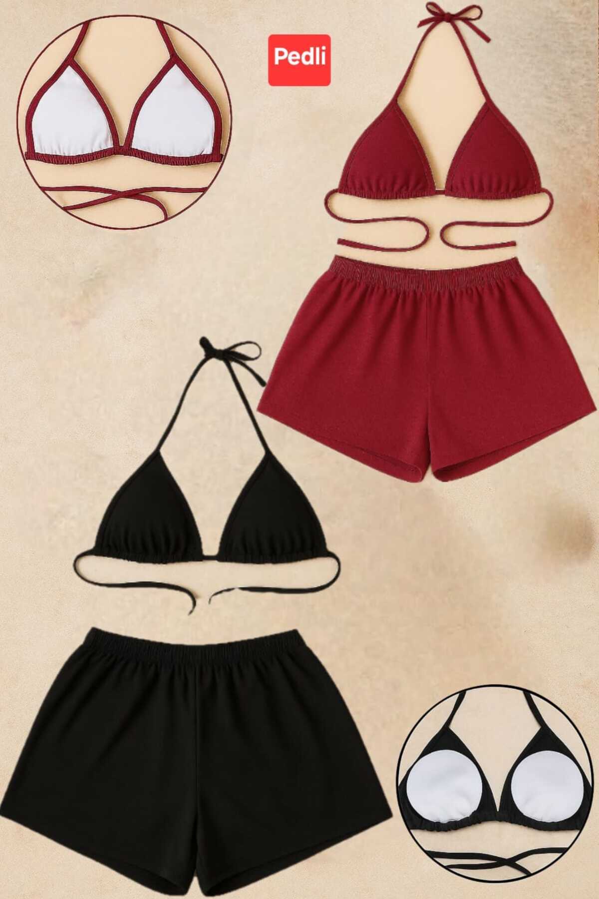 safhas Kadın 2lı Sıyah ve BORDO Şortlu Belden Ve Boyundan Bağlamalı Bikini Takımı