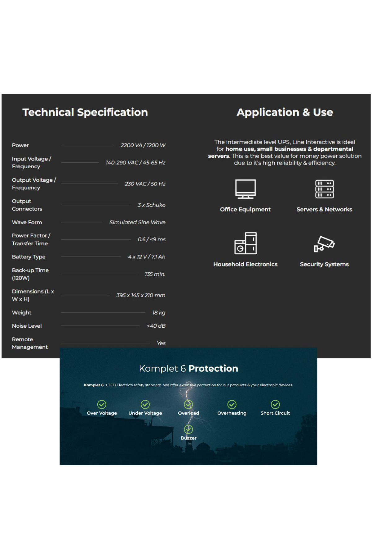 TED Electric-UPS Line Interactive 2200VA 1250W LCD, 3 Outputs, Management AVR for Servers & Security, TED004666 6