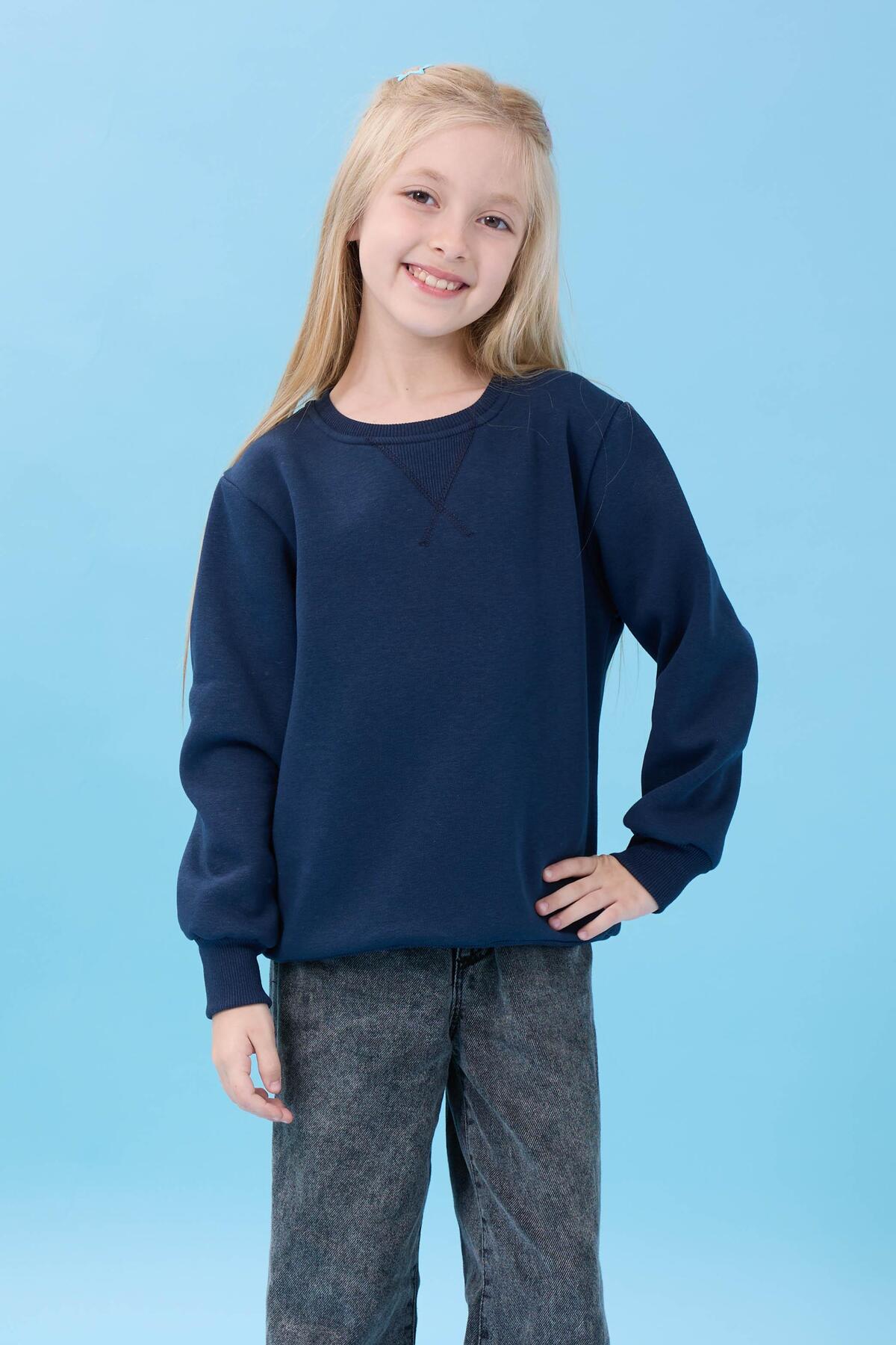 Perendi Unisex Basic Bisiklet Yaka Şardonlu Kışlık Sweatshirt - Lacivert fotoğrafı 5 (önizleme)