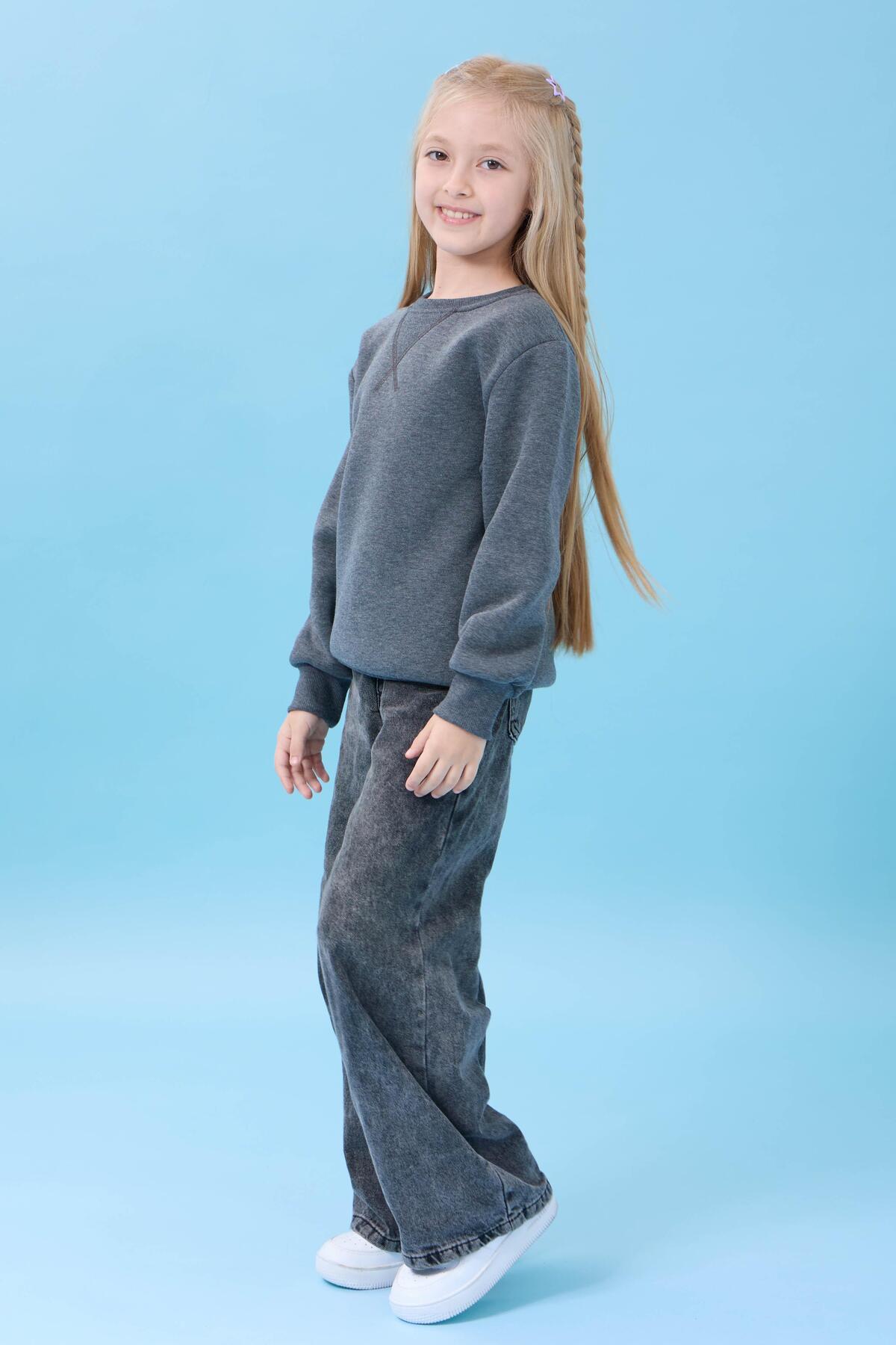 Perendi Unisex Basic Bisiklet Yaka Şardonlu Kışlık Sweatshirt - Antrasit fotoğrafı 6 (önizleme)